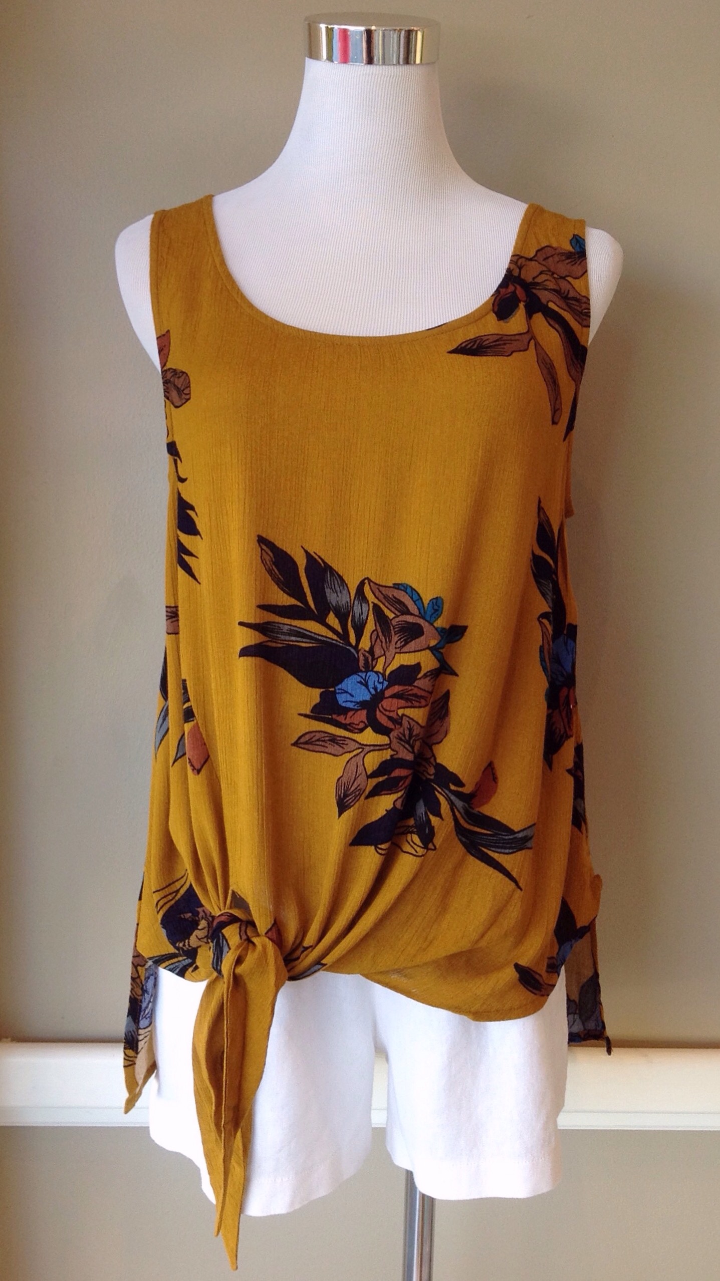 Mustard floral print tank with self-tie, $32