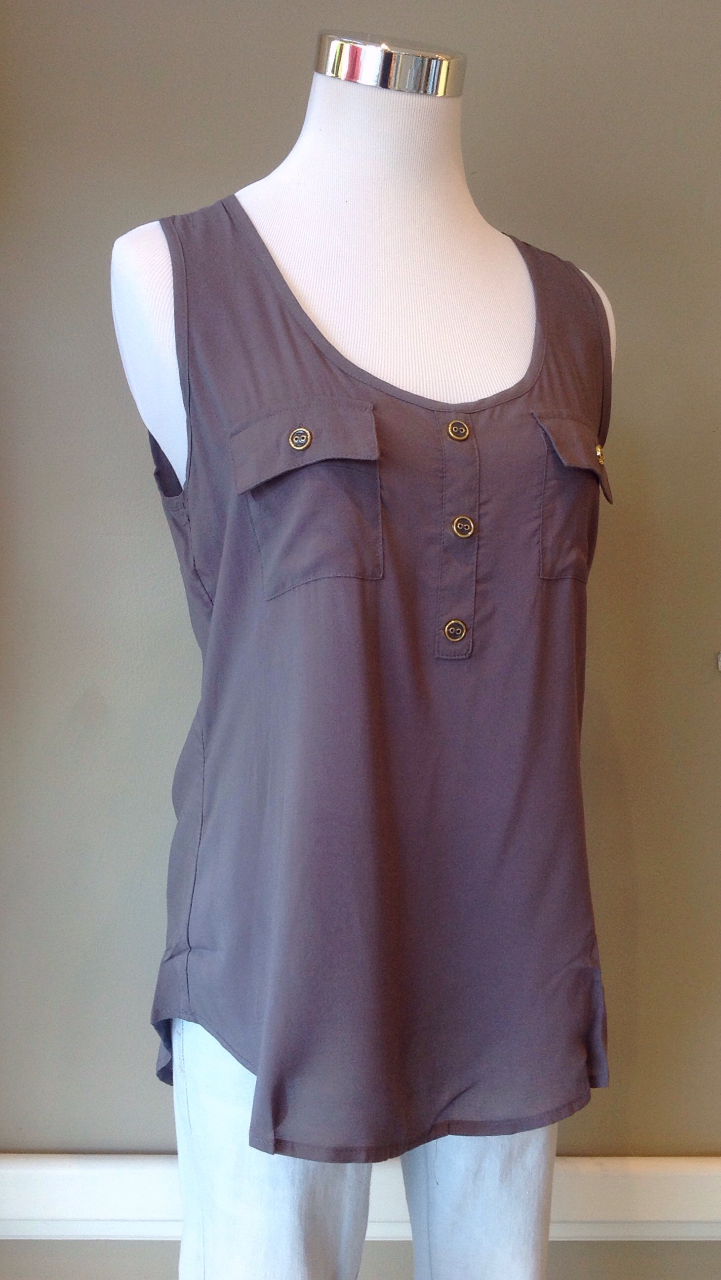 Rayon voile tank top with pocket detail in grey, $26