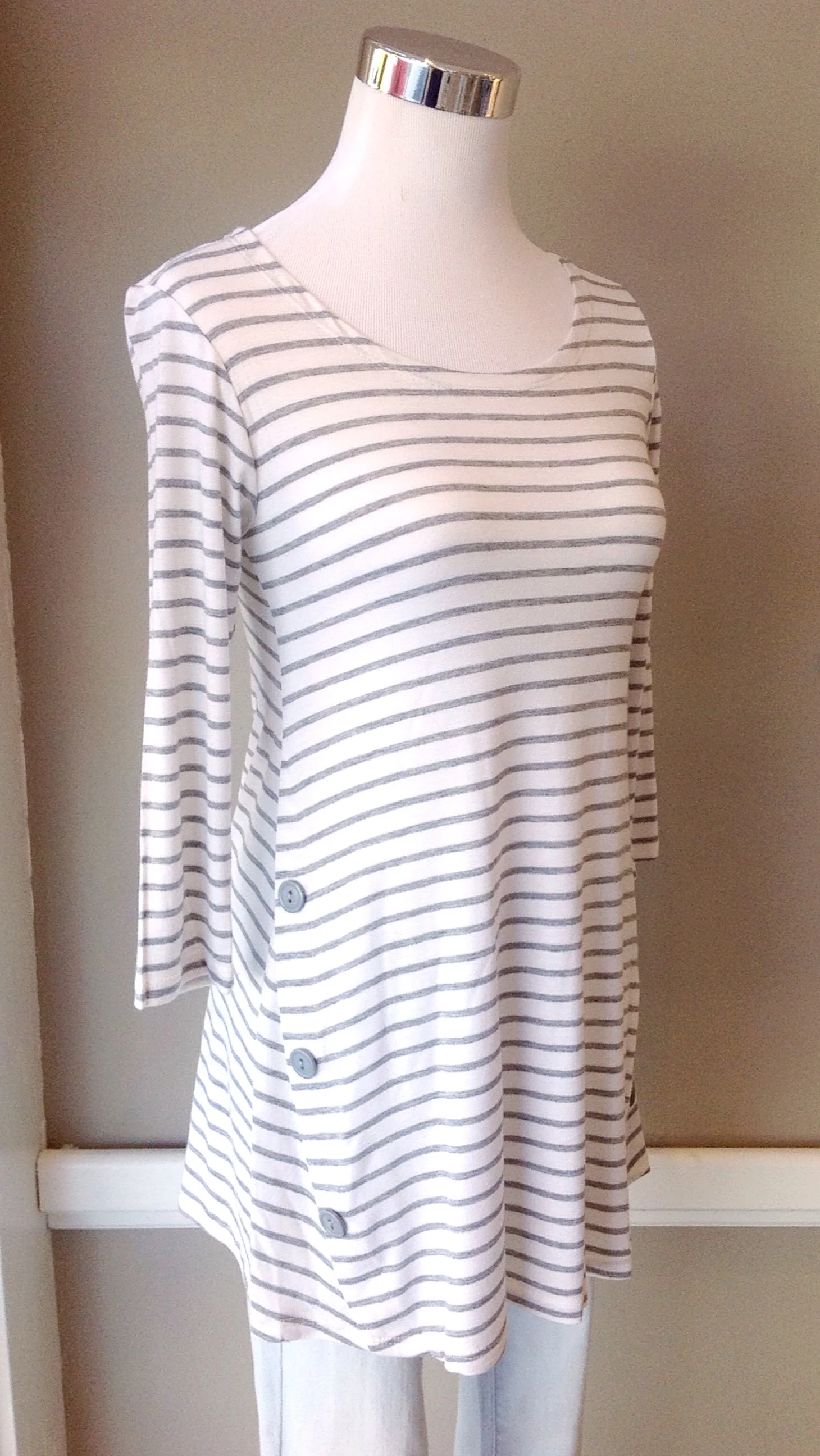 Stripe side button top with 3/4 sleeves in off-white/grey, $32
