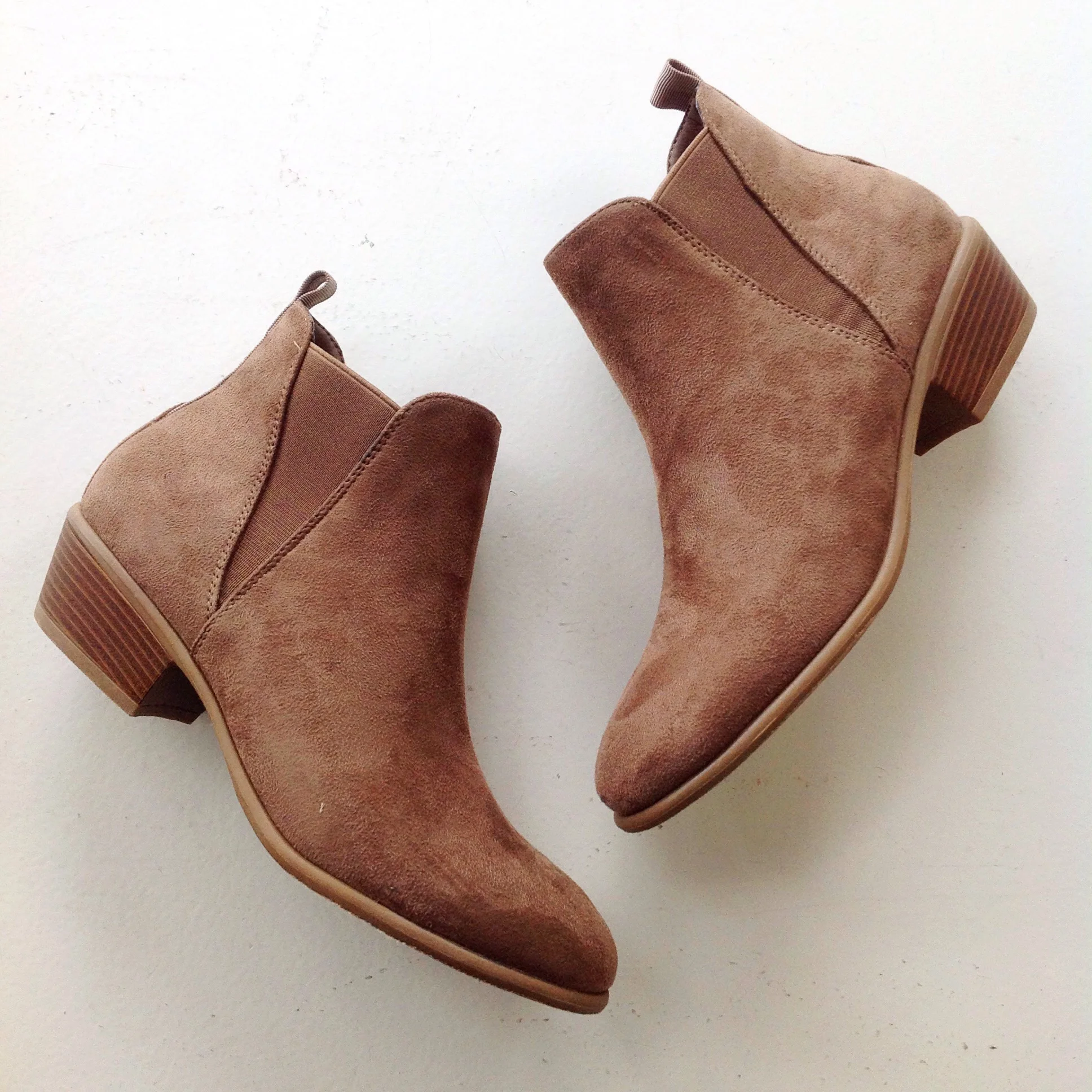 Faux suede brown booties, $45