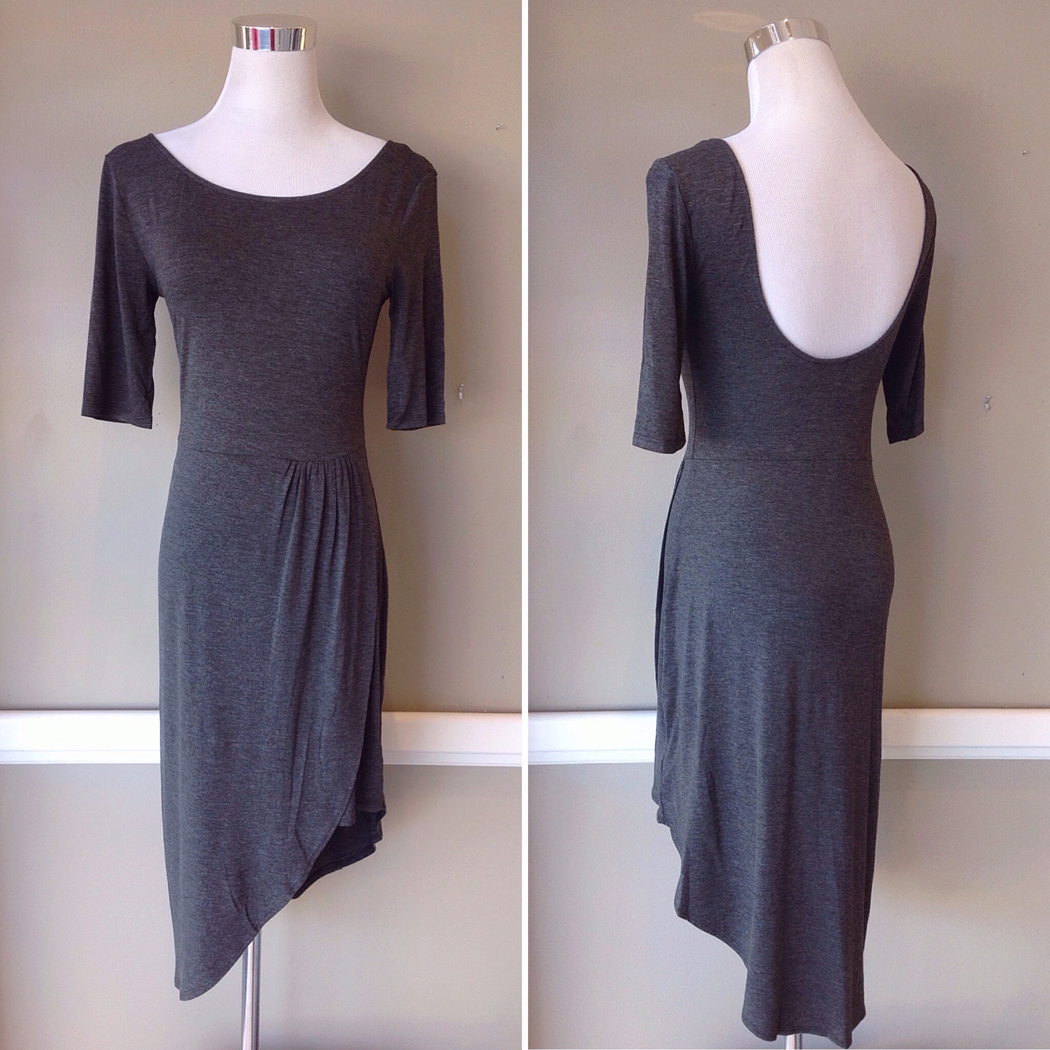 Charcoal knit dress with asymmetrical hem and scoop back, $38