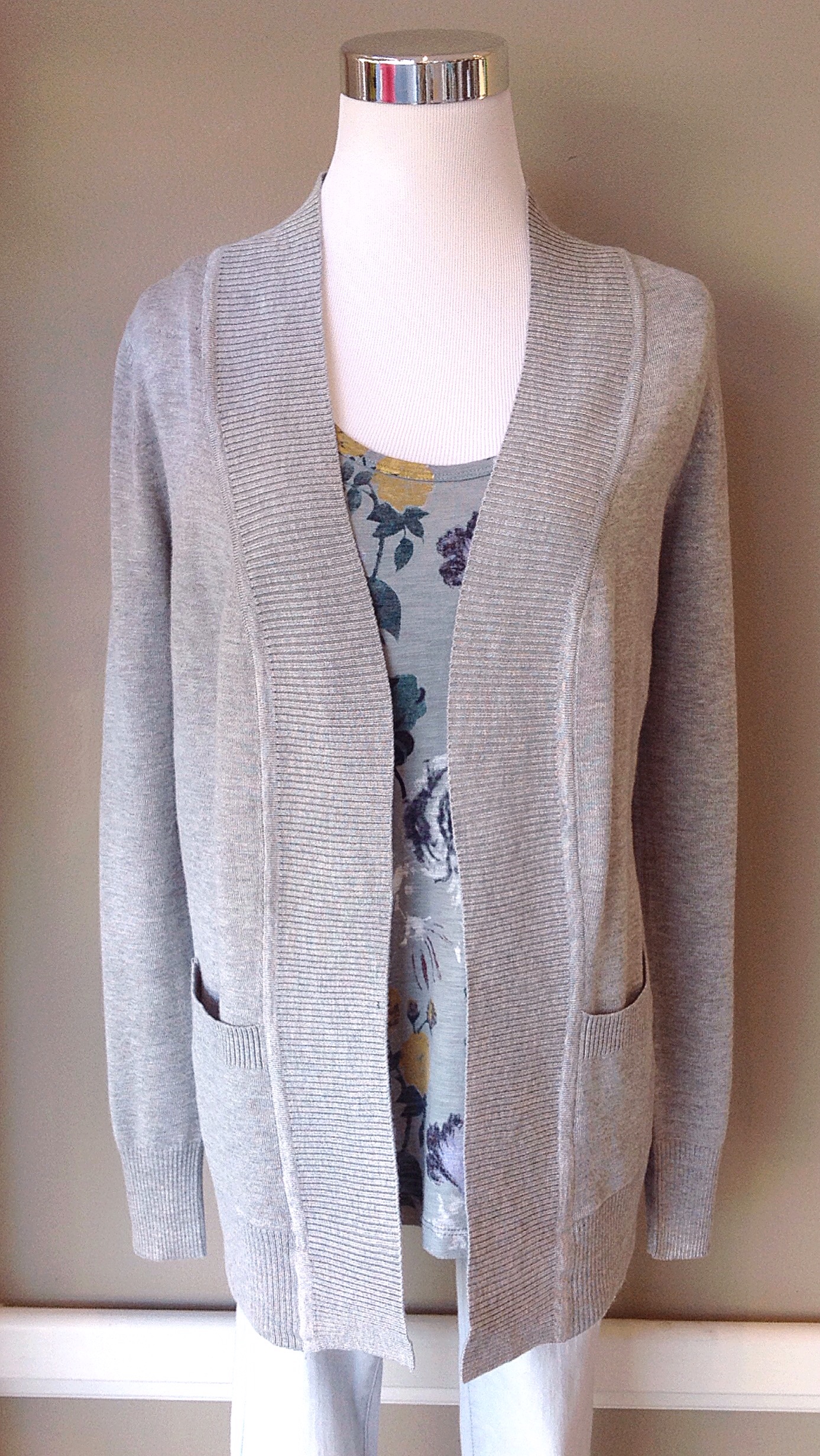 Soft knit cardigan with patch pockets in heather grey, $34