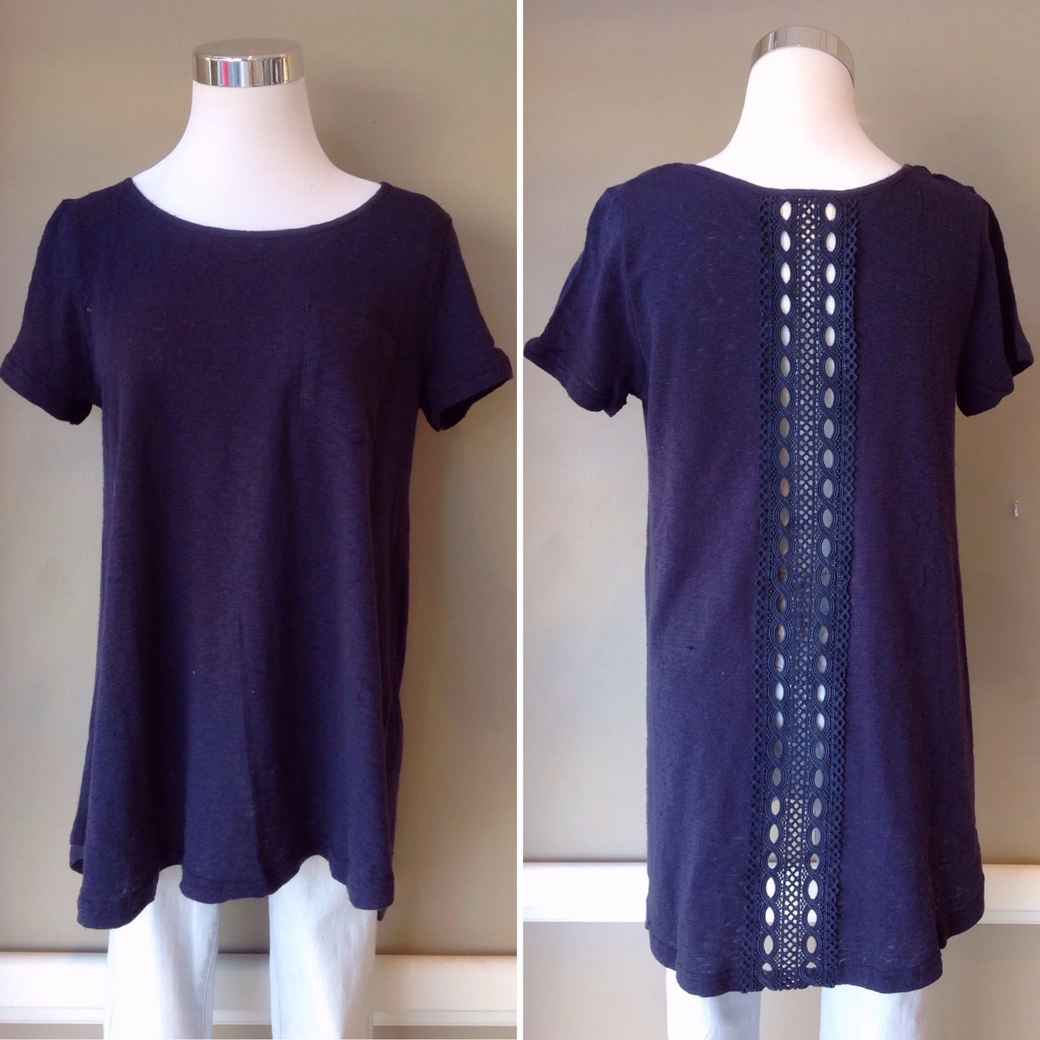 Cotton tee with front patch pocket and back lace panel, $34 