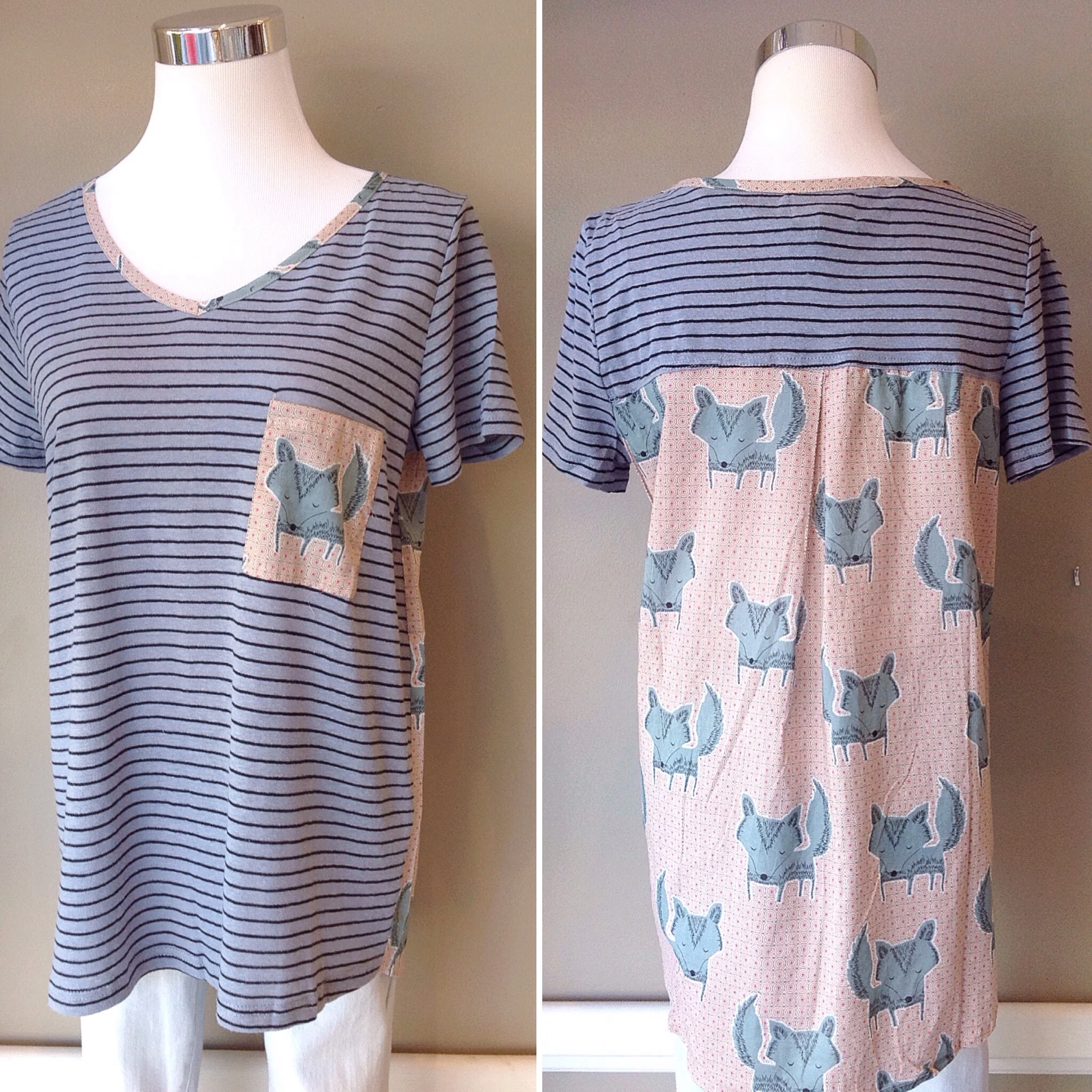Grey and black strip tee with contrasting fox print, $32