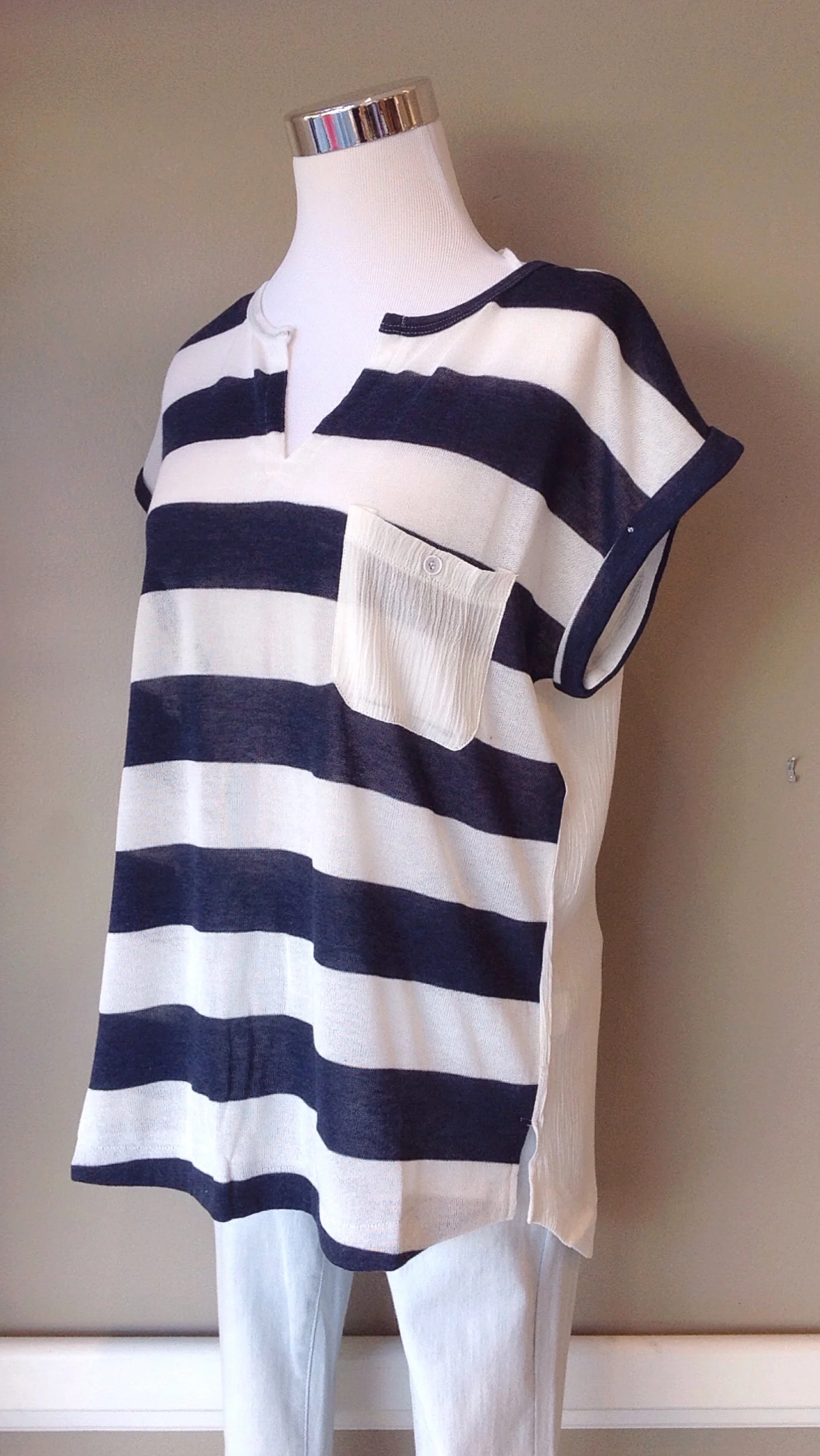 Knit short sleeve top in navy and white stripe, $32