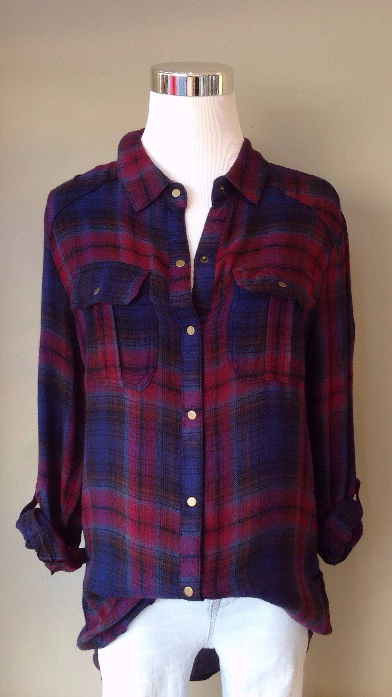 Lightweight plaid button-down top in navy/wine, $34
