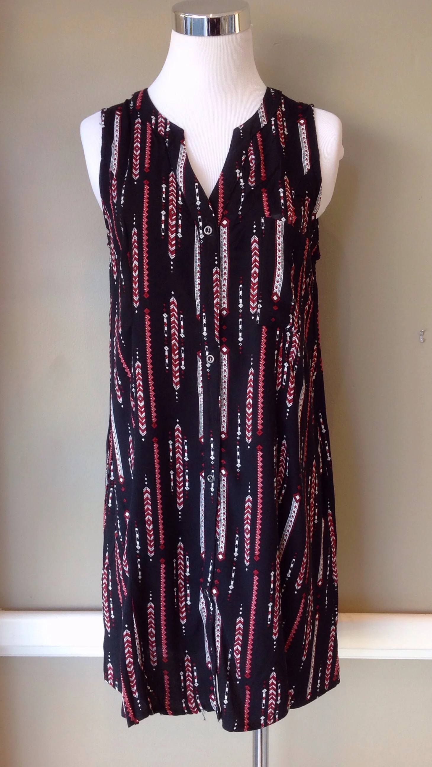 Geo print button-down shirt dress in black multi, $38