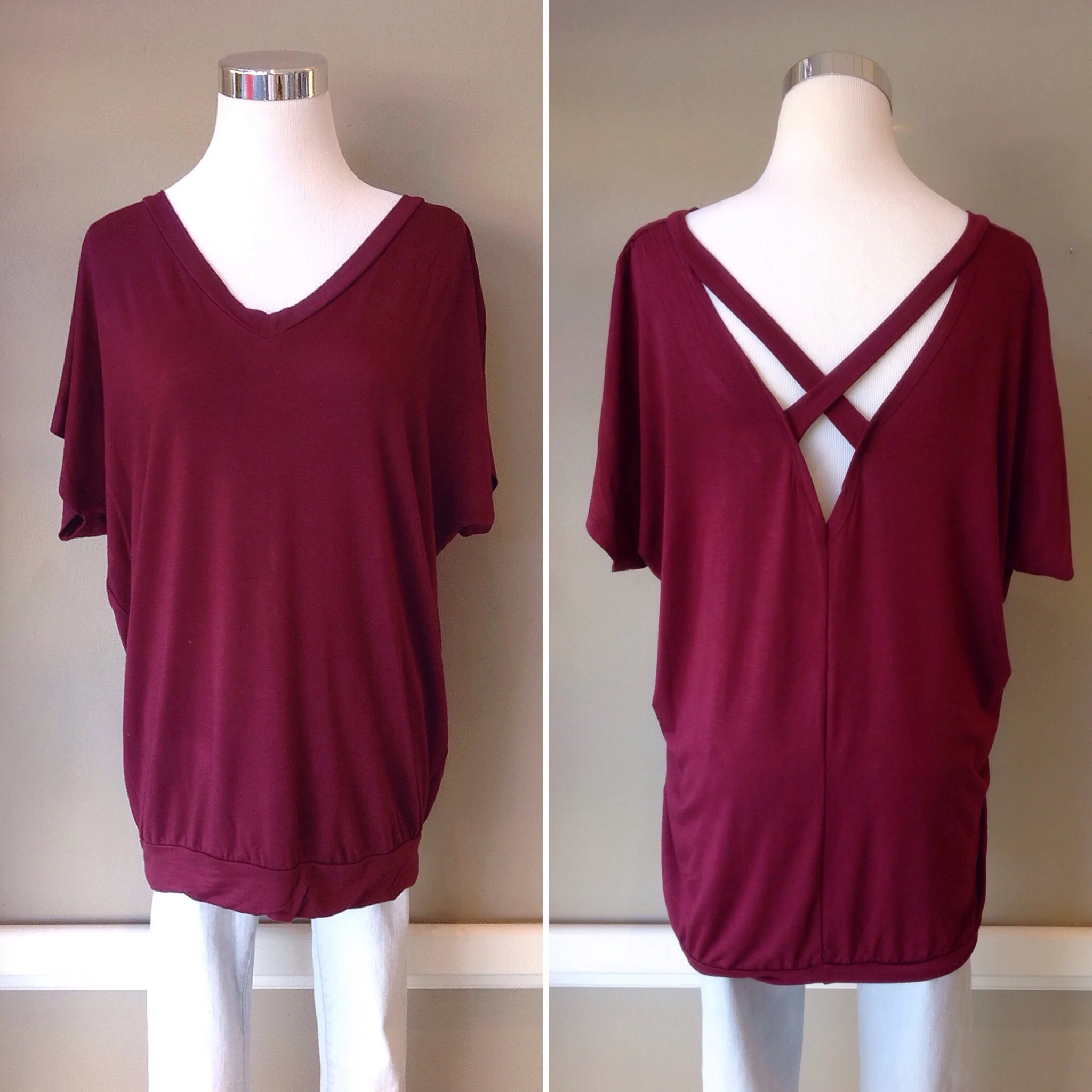 Jersey knit v-neck top with crisscross back, $28. Also available in emerald, and black.