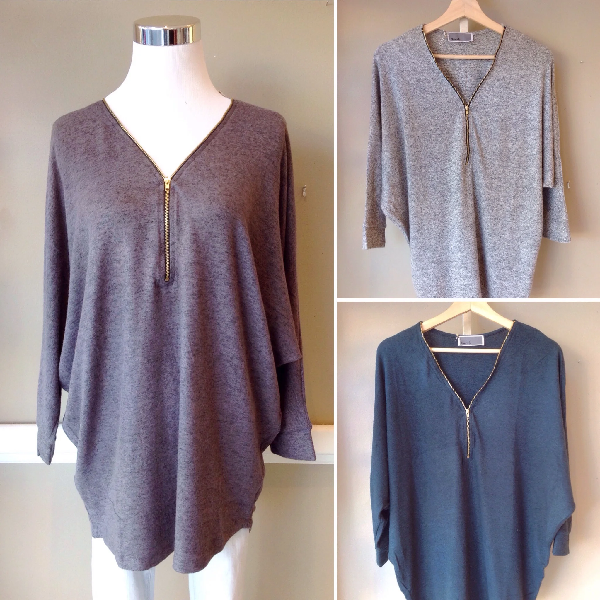 V-neck sweater with batwing sleeves and zipper front, $35. Available in charcoal, hunter green, and heather grey. 