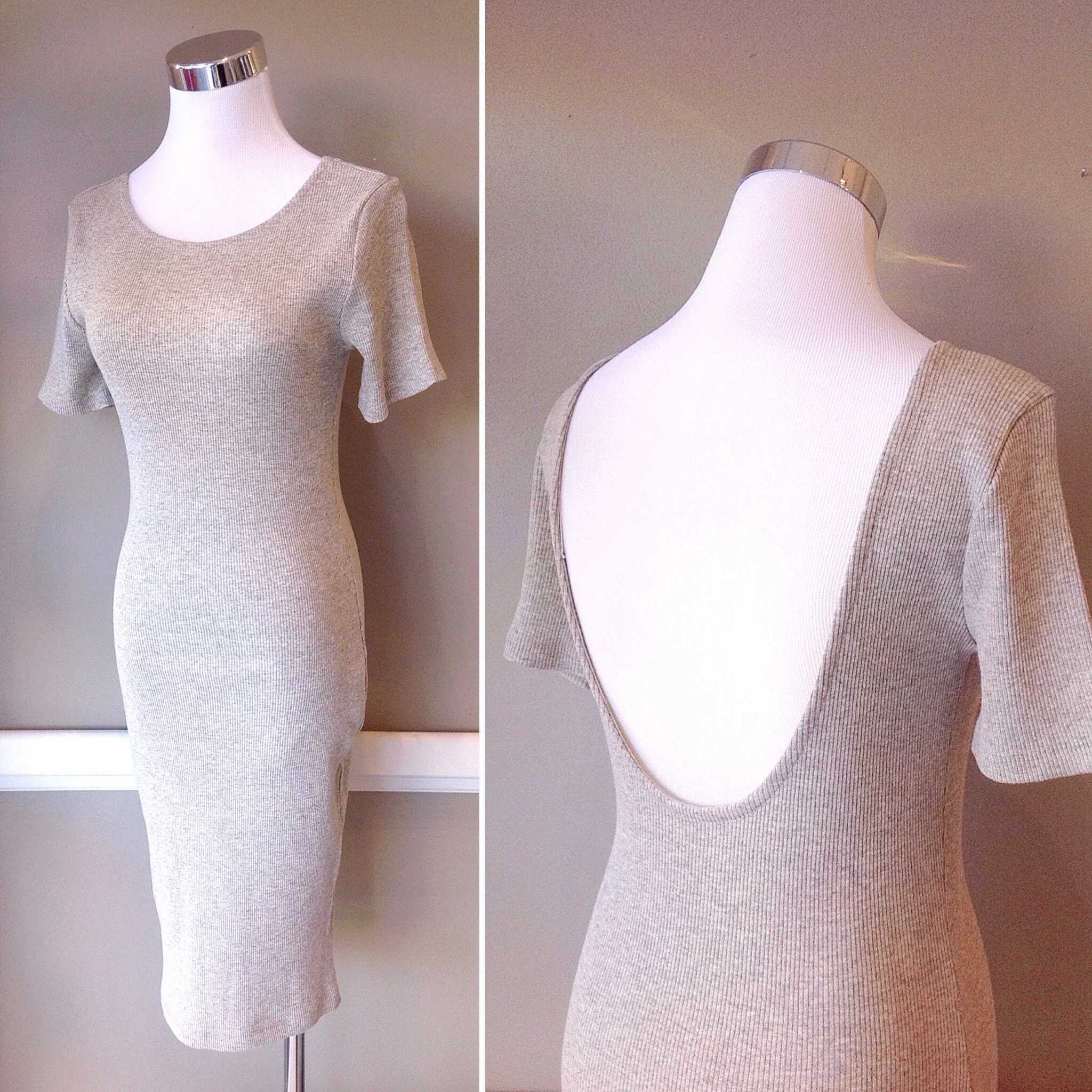 Oatmeal ribbed bodycon dress with scoop back, $35