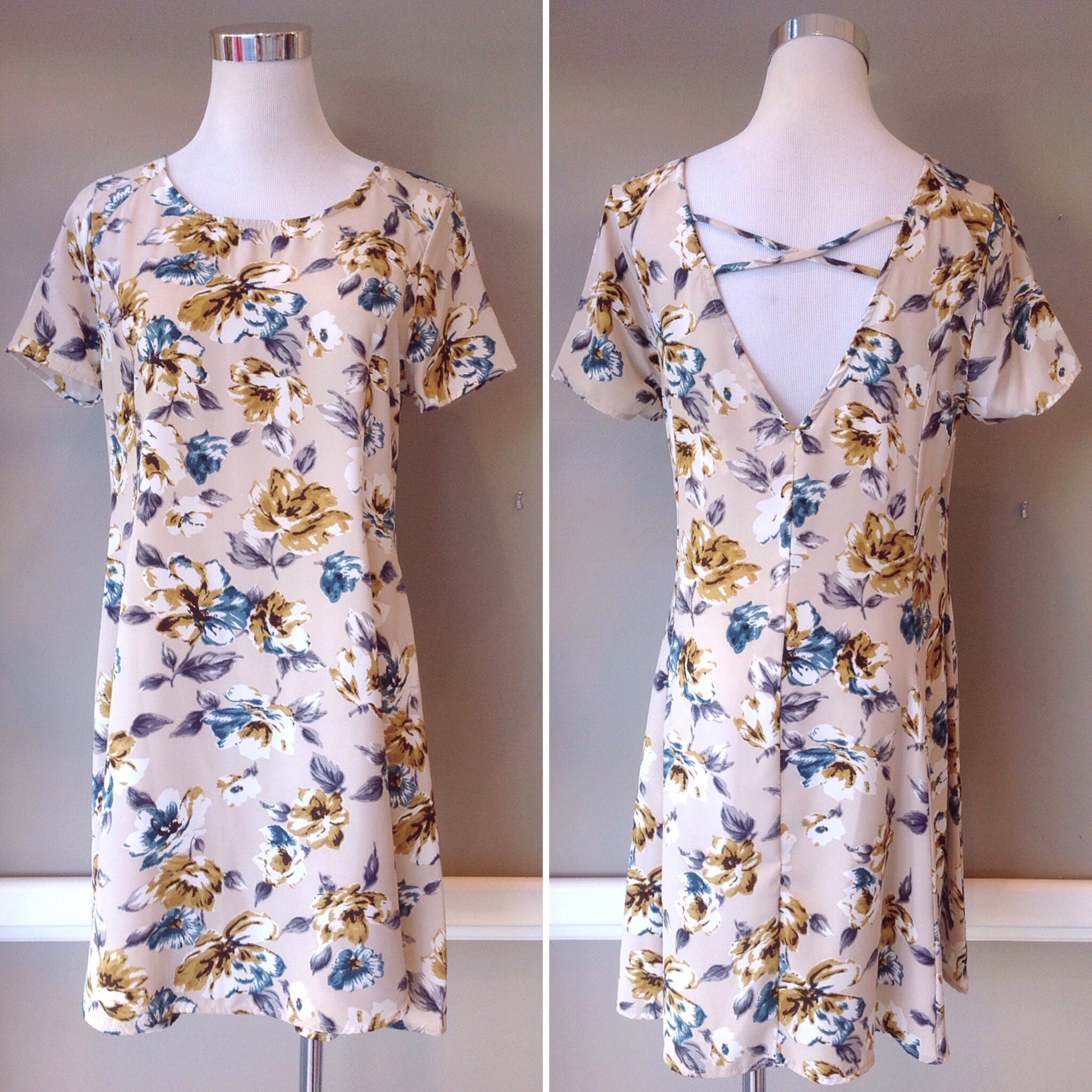 Woven floral print dress with princess seams and crossback detail, $42