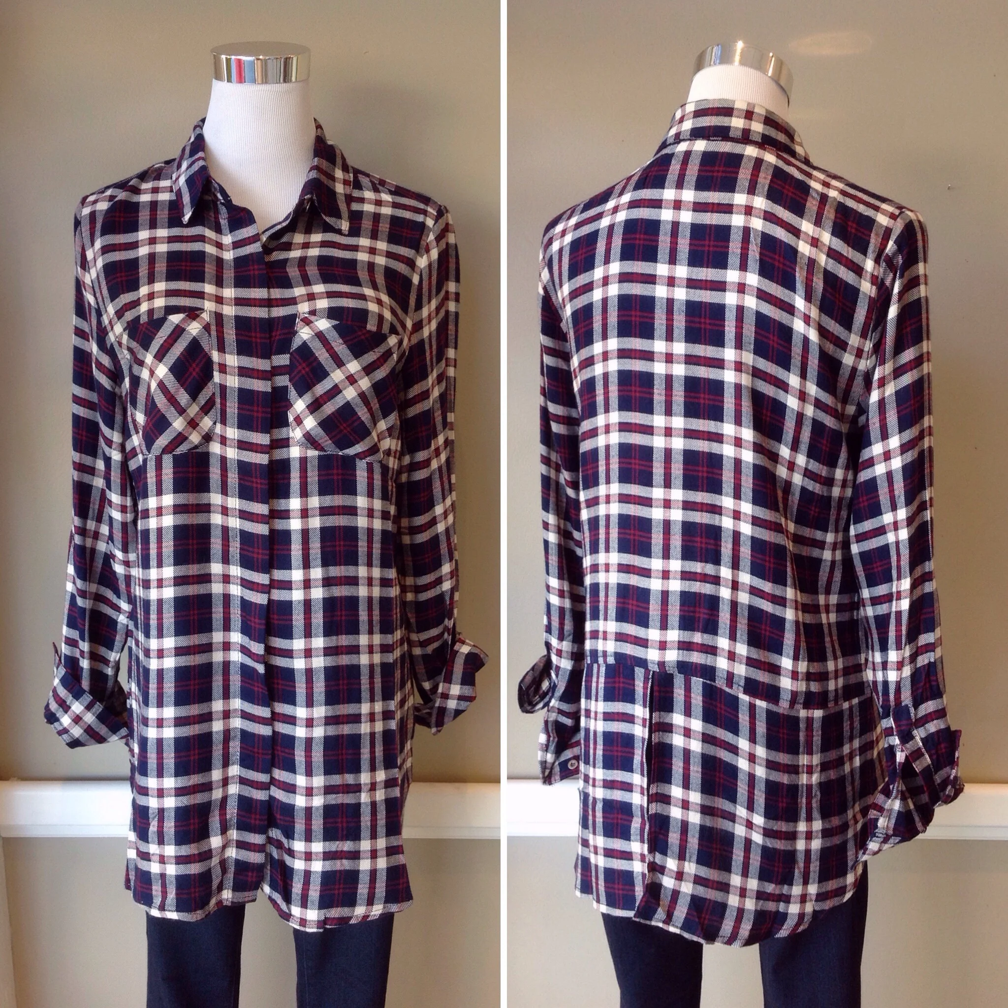 Lightweight plaid button-down with roll tab sleeves and back placket, $34