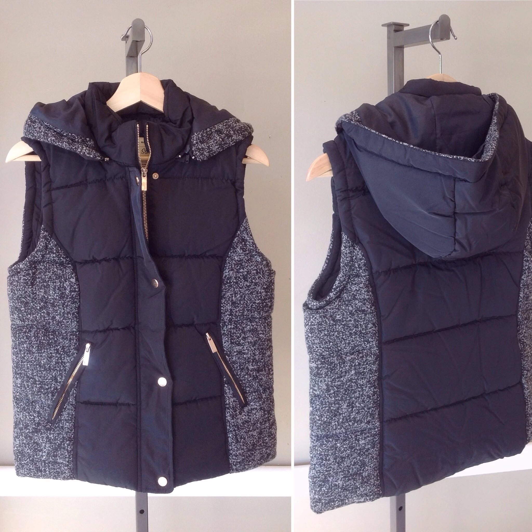 Puff vest with contrasting side panels and removable hood in black/grey, $45