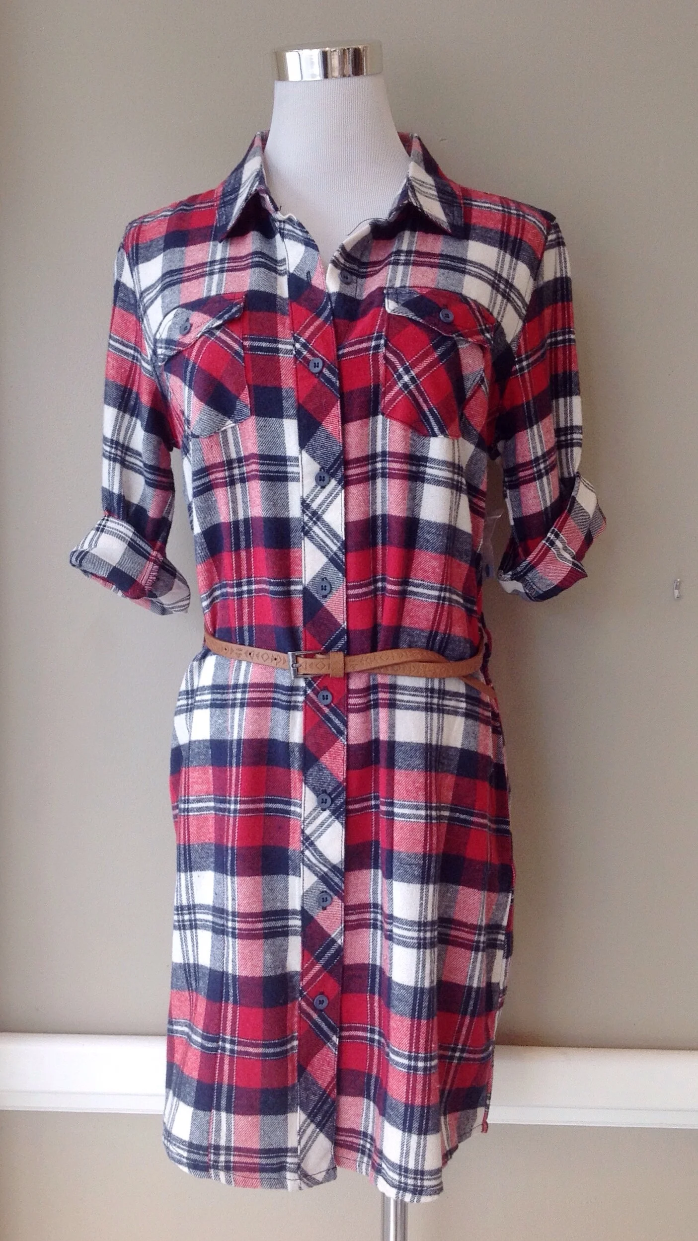 Lightweight flannel shirt dress with skinny belt, $38