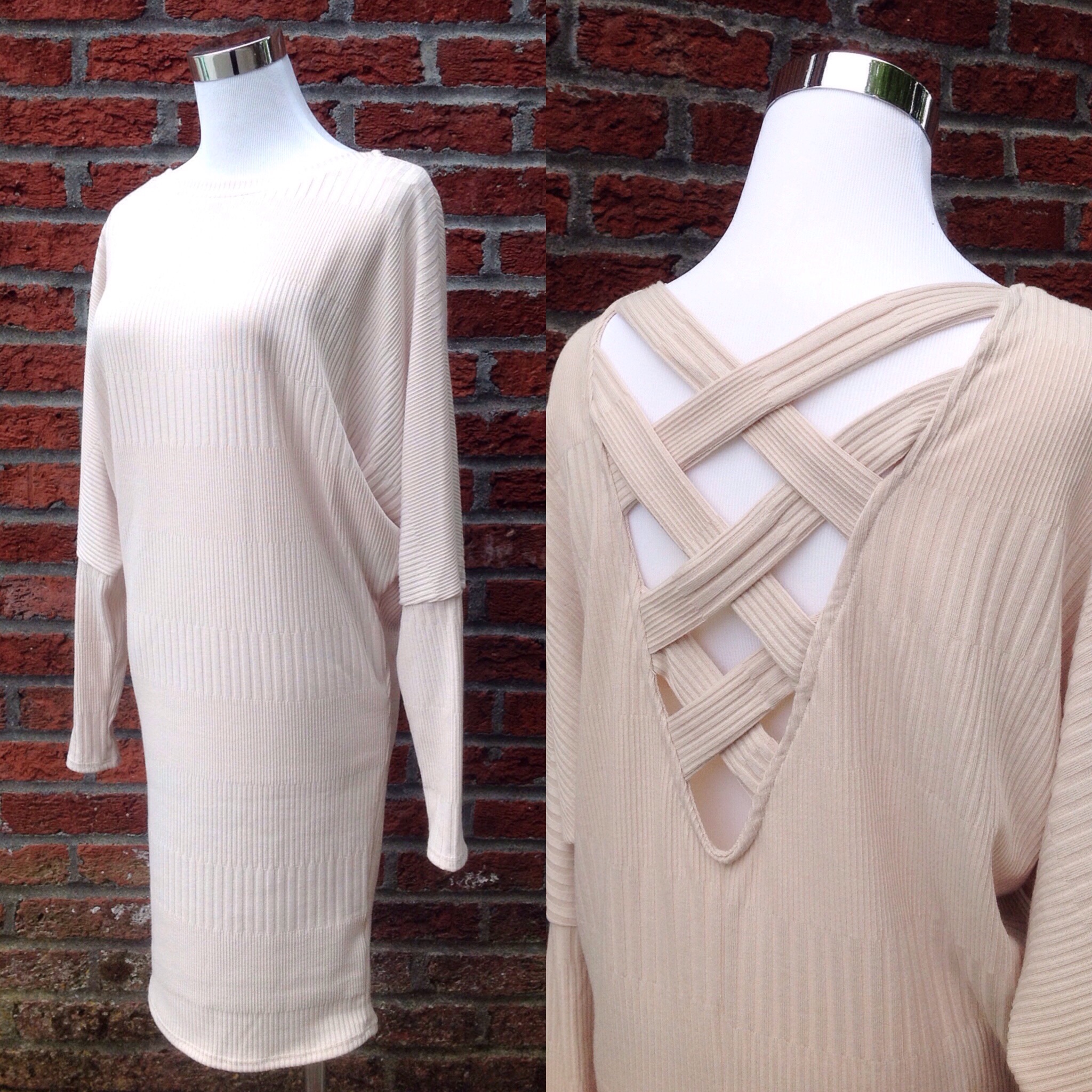 Textured knit dress with crossback detail in taupe, $40