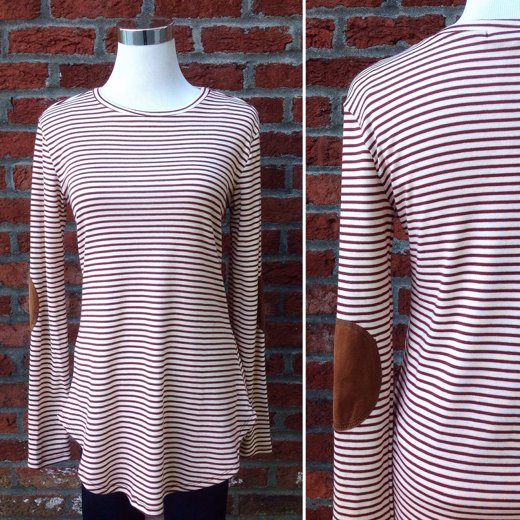 Ivory and burgundy stripe top with elbow patches and rounded hem, $32