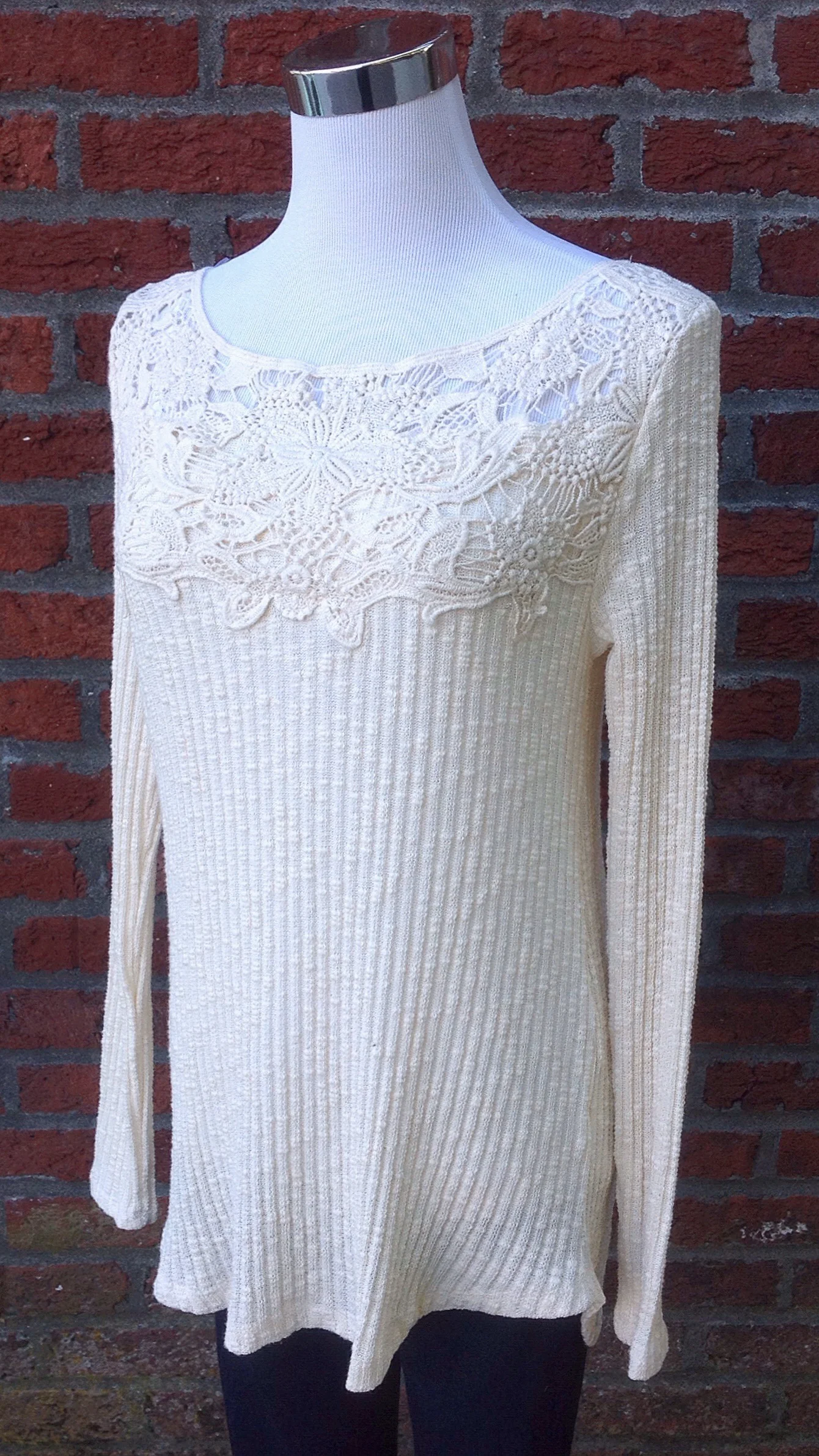 Rib knit top with crochet lace yoke in natural, $35