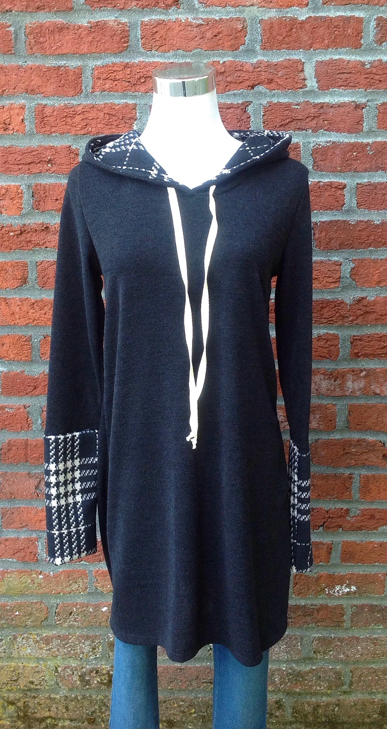 Sweater knit long hoodie with plaid detail, $38