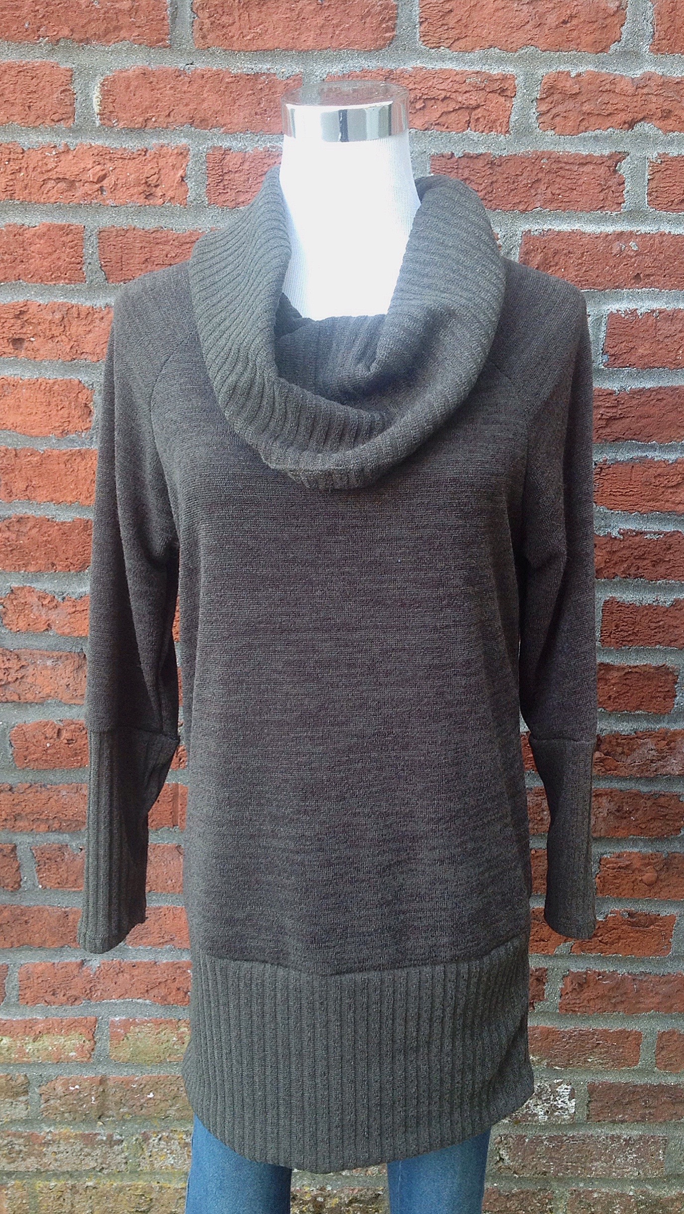 Long cowl neck sweater in olive, $35