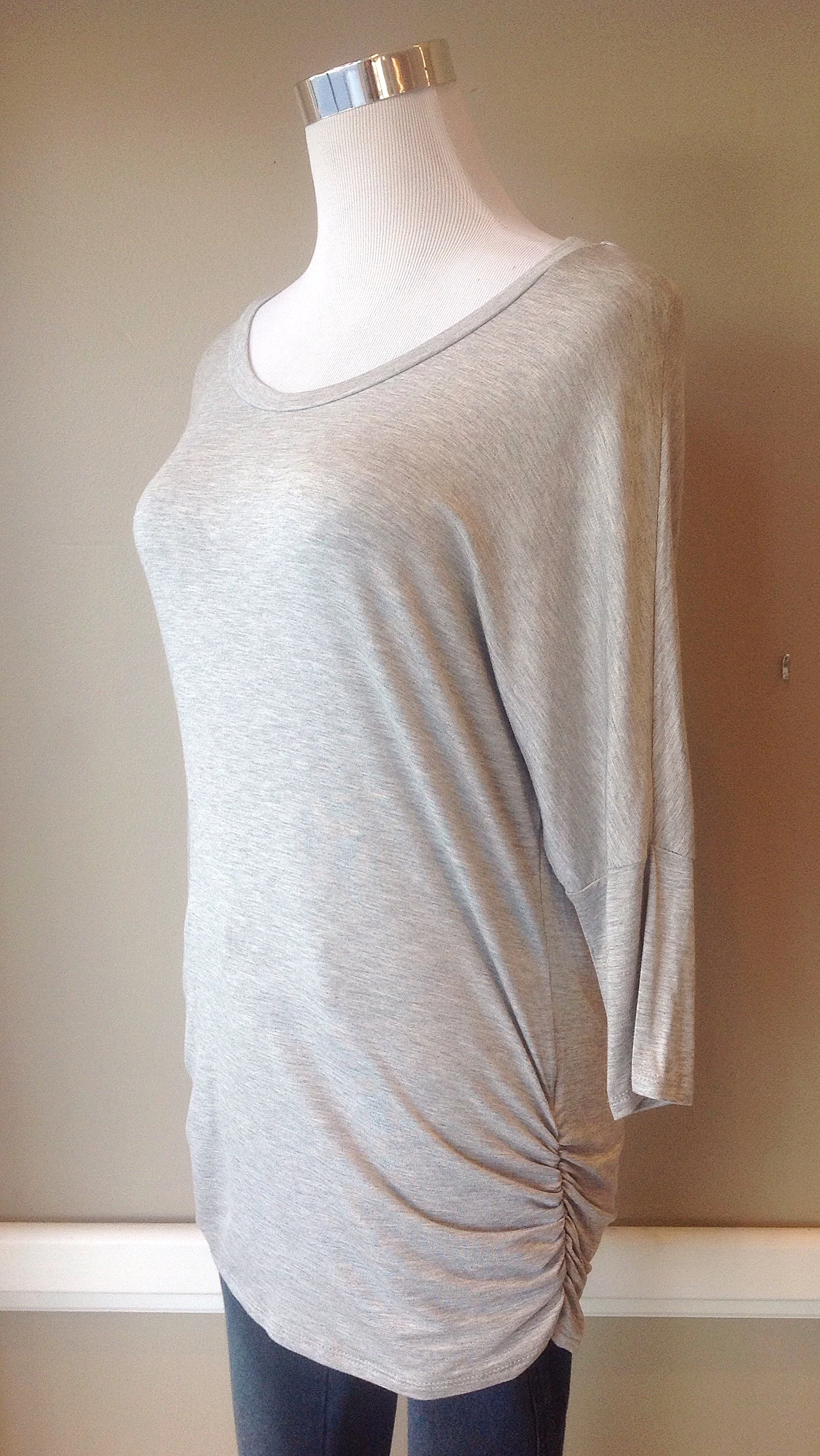 Heather grey jersey knit top with side ruching, $28