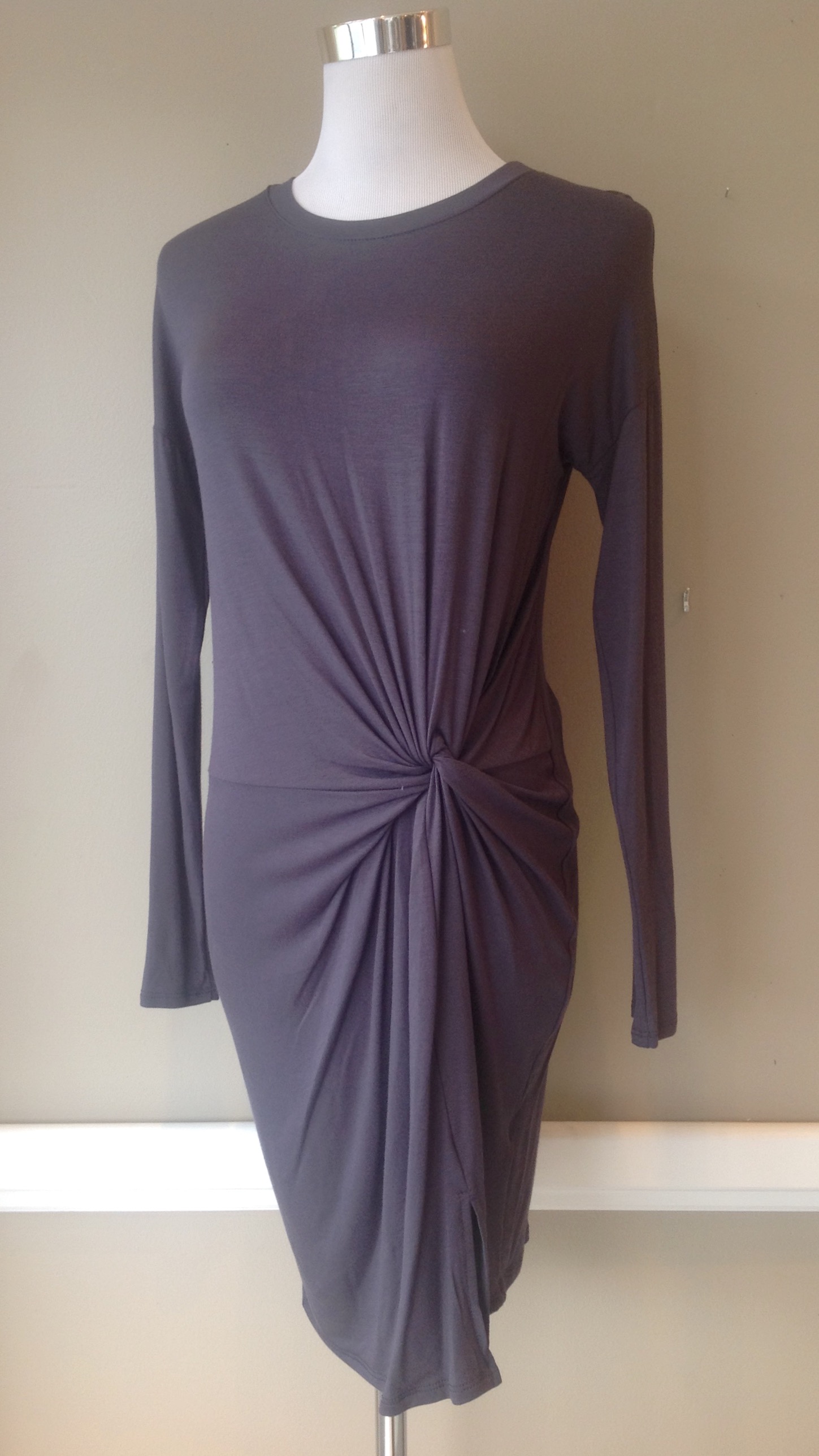 Jersey knit, long sleeve dress with a twist, in steel, $38
