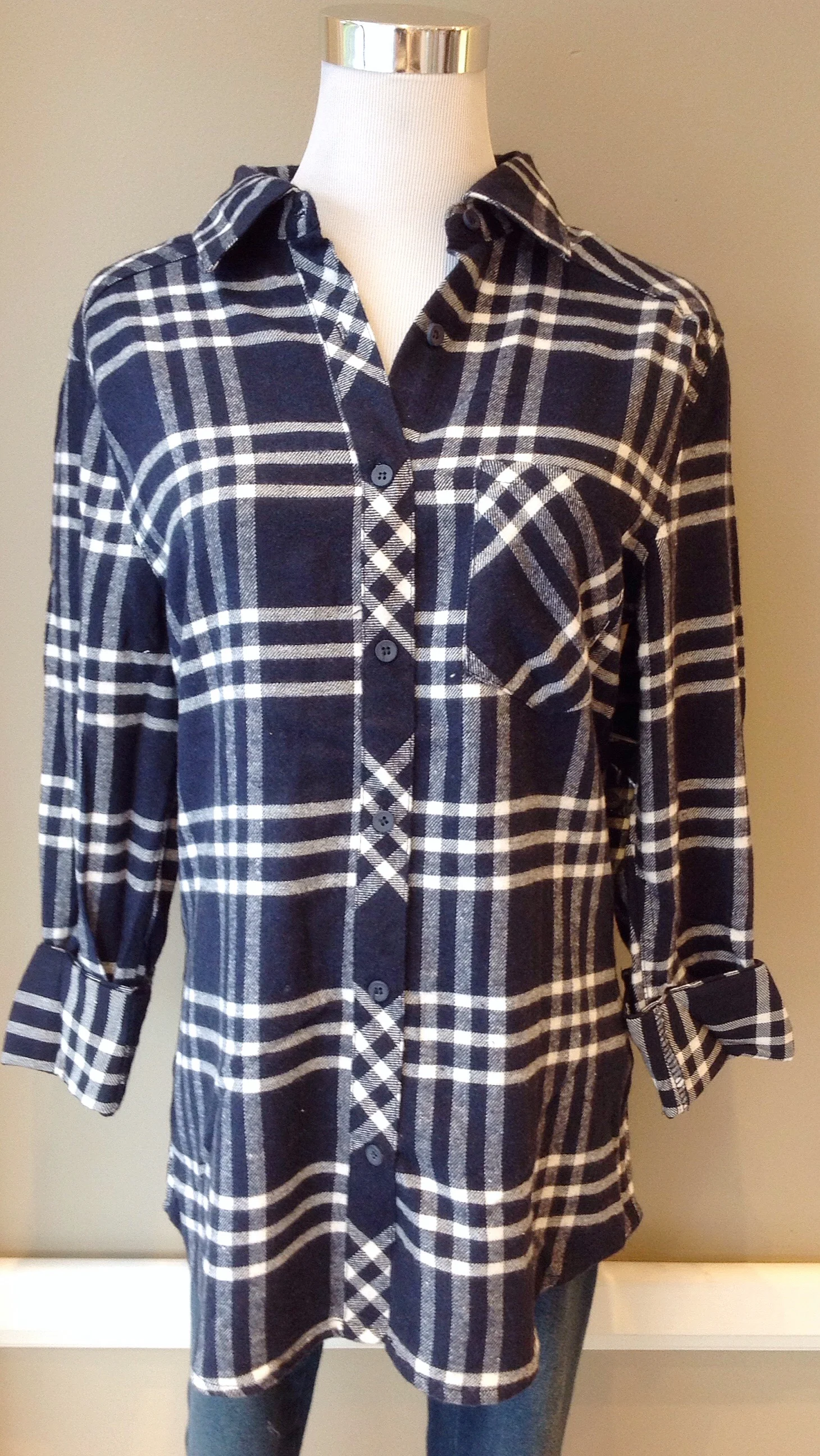 White and navy cotton flannel shirt with elbow patches, $34