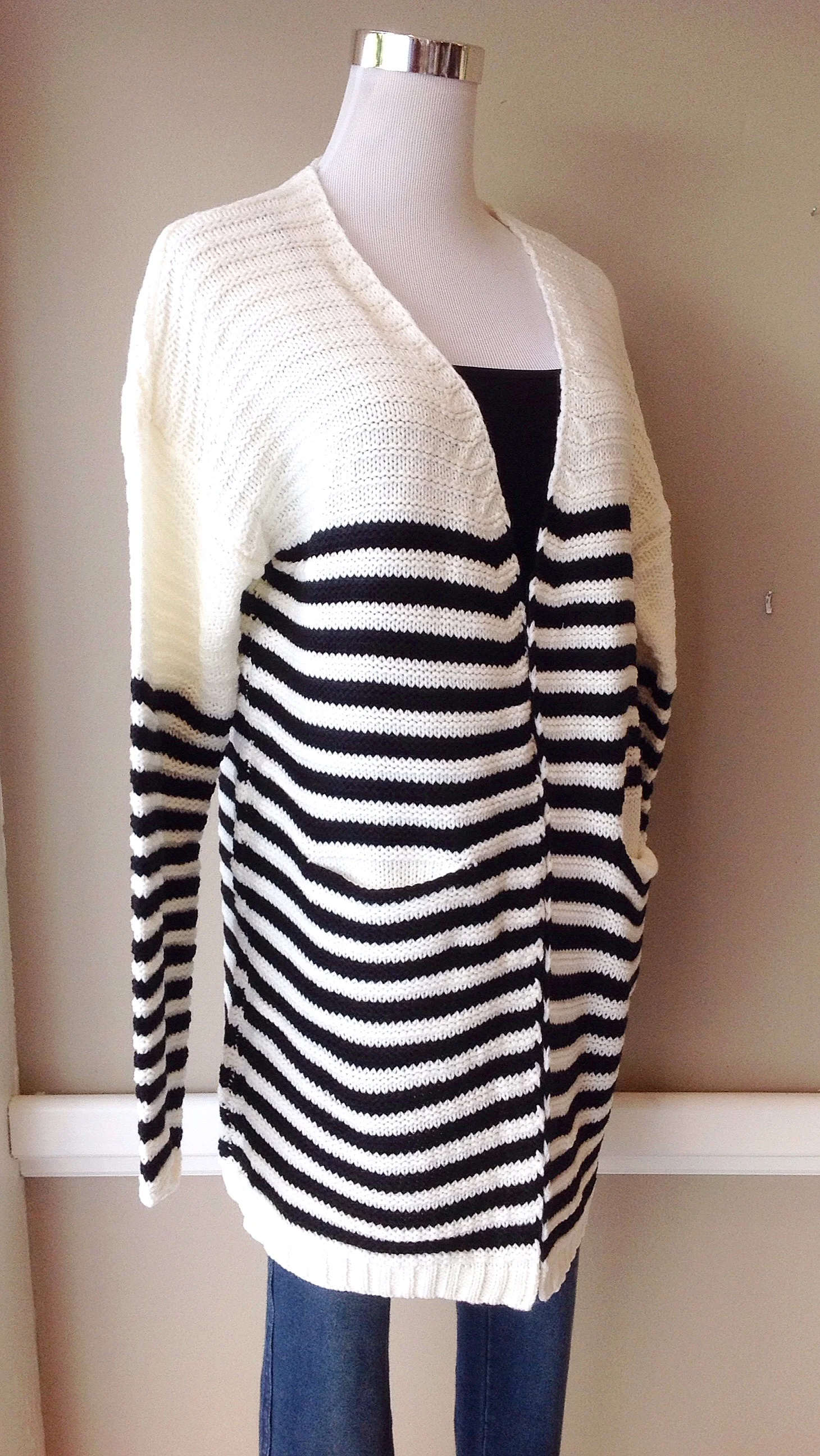 Chunky ivory and black stripe cardigan with pockets, $38