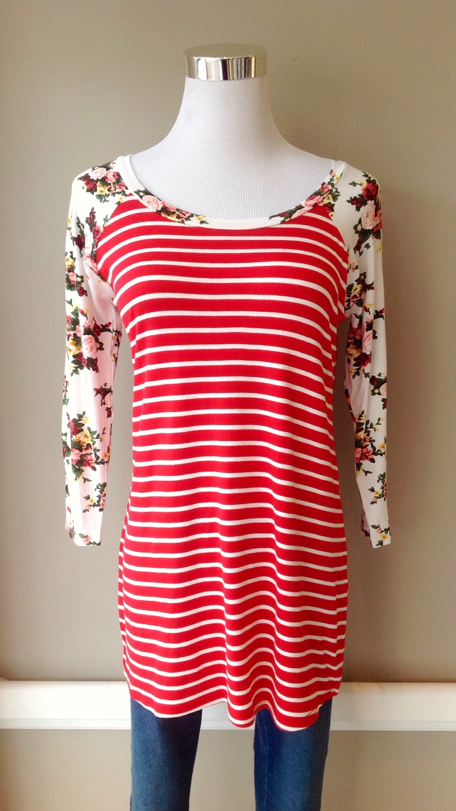 Stripe and floral baseball top in red/multi, $28