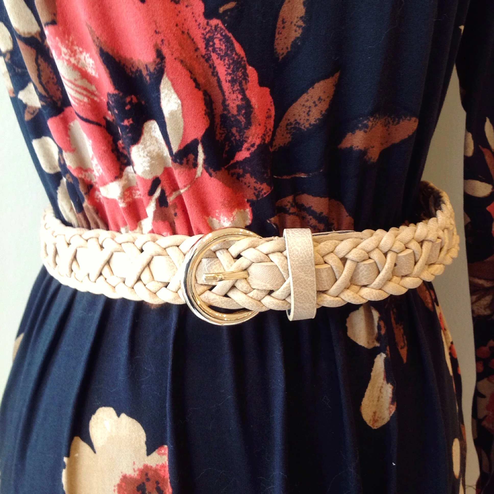 Braided skinny belt in light khaki. Also available in black.