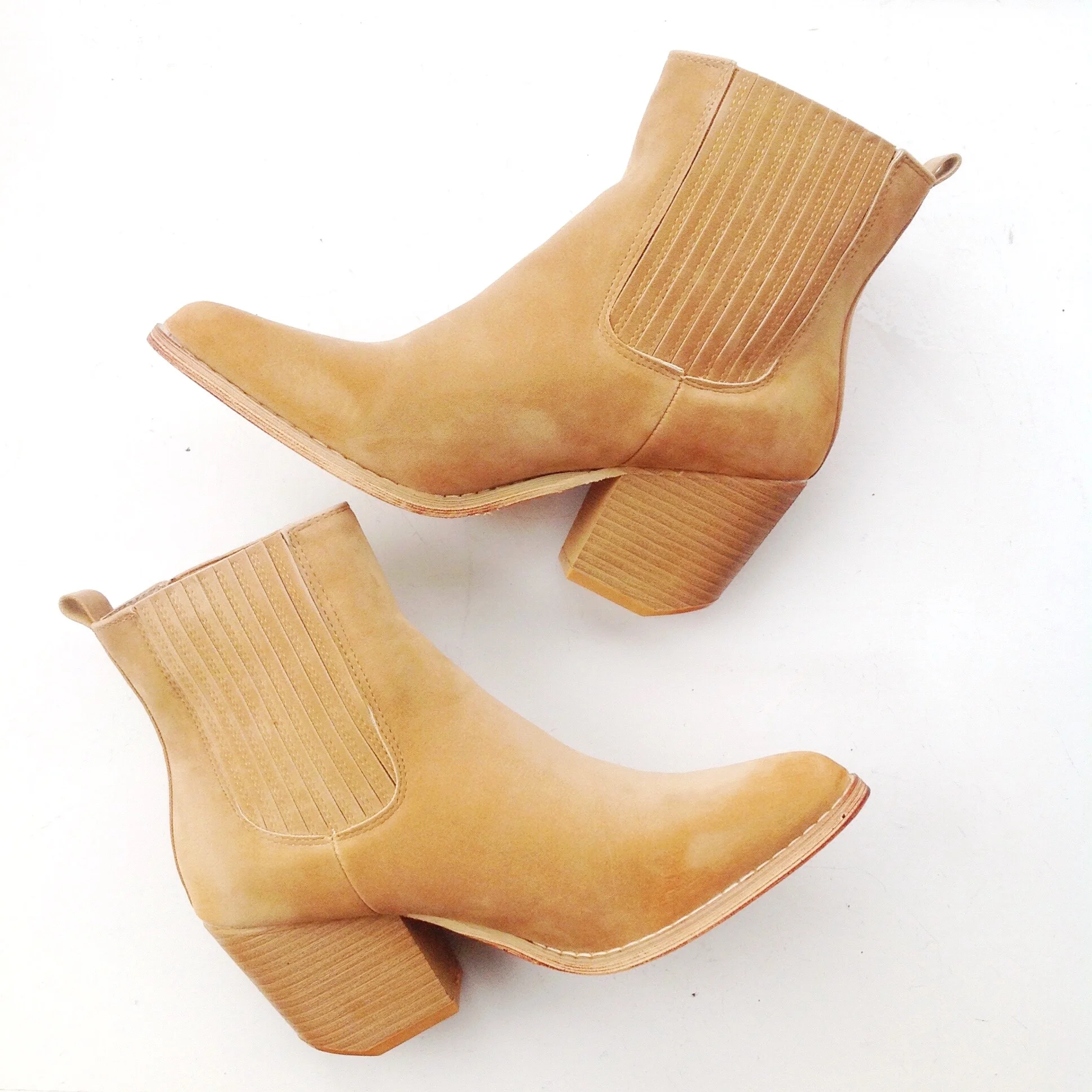 Faux suede, short pull-on boots with 3" stacked heel in camel, $48