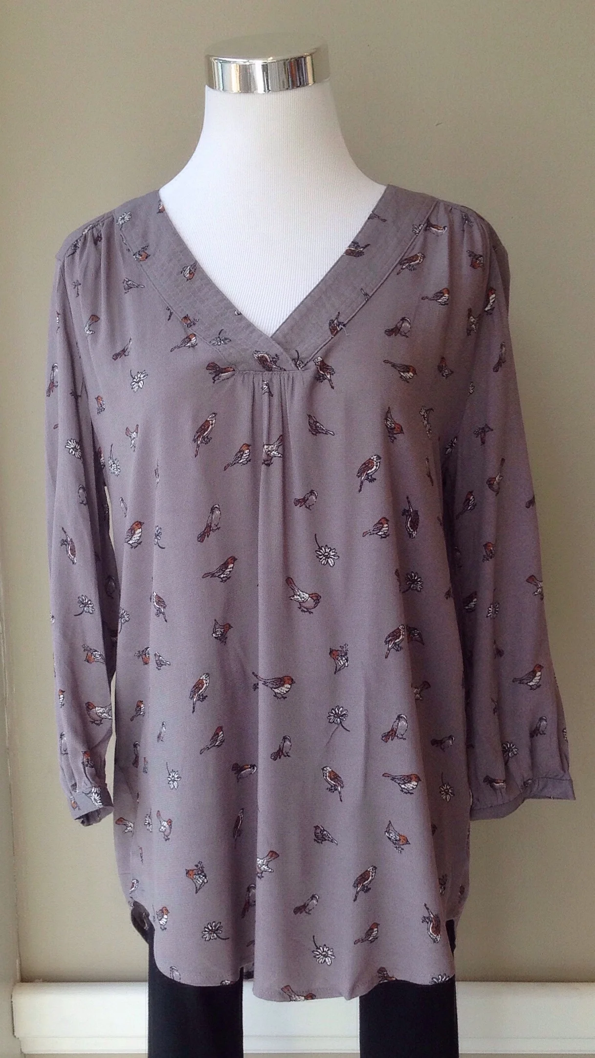 Woven bird print blouse in slate, $35