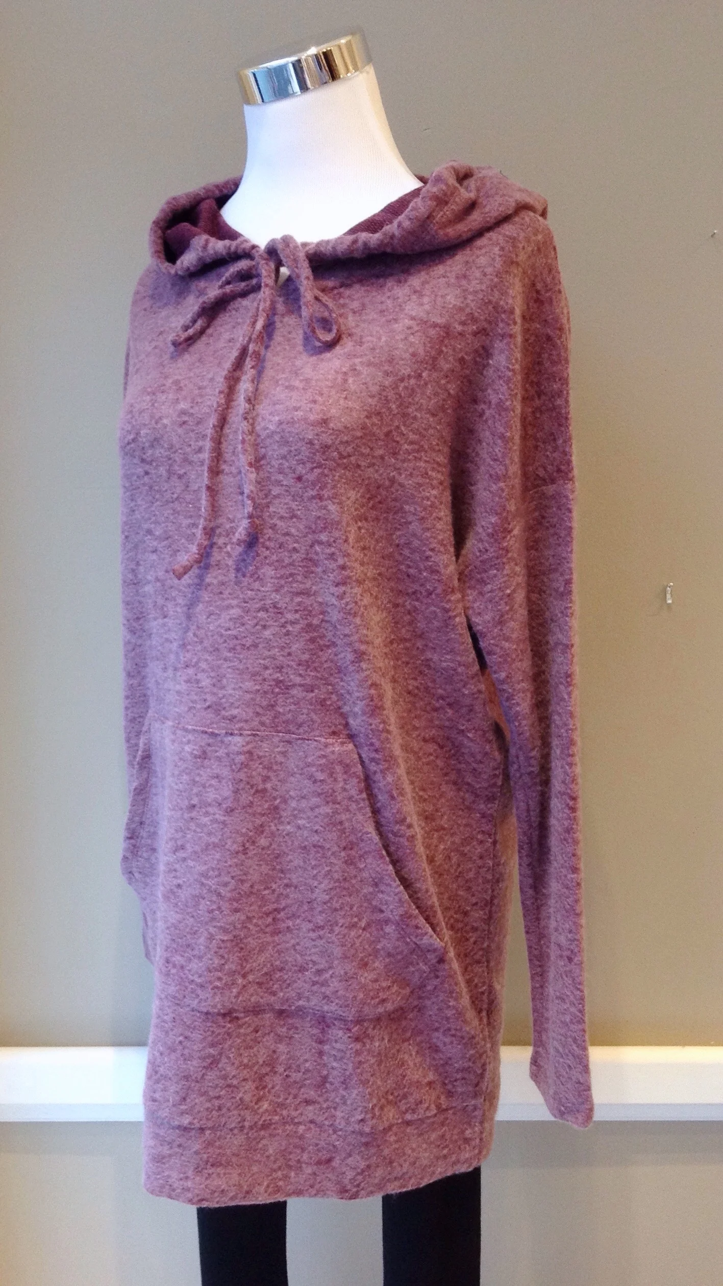 Cherish fleecy knit hoodie with front pocket in burgundy, $38. Also available in light grey. 