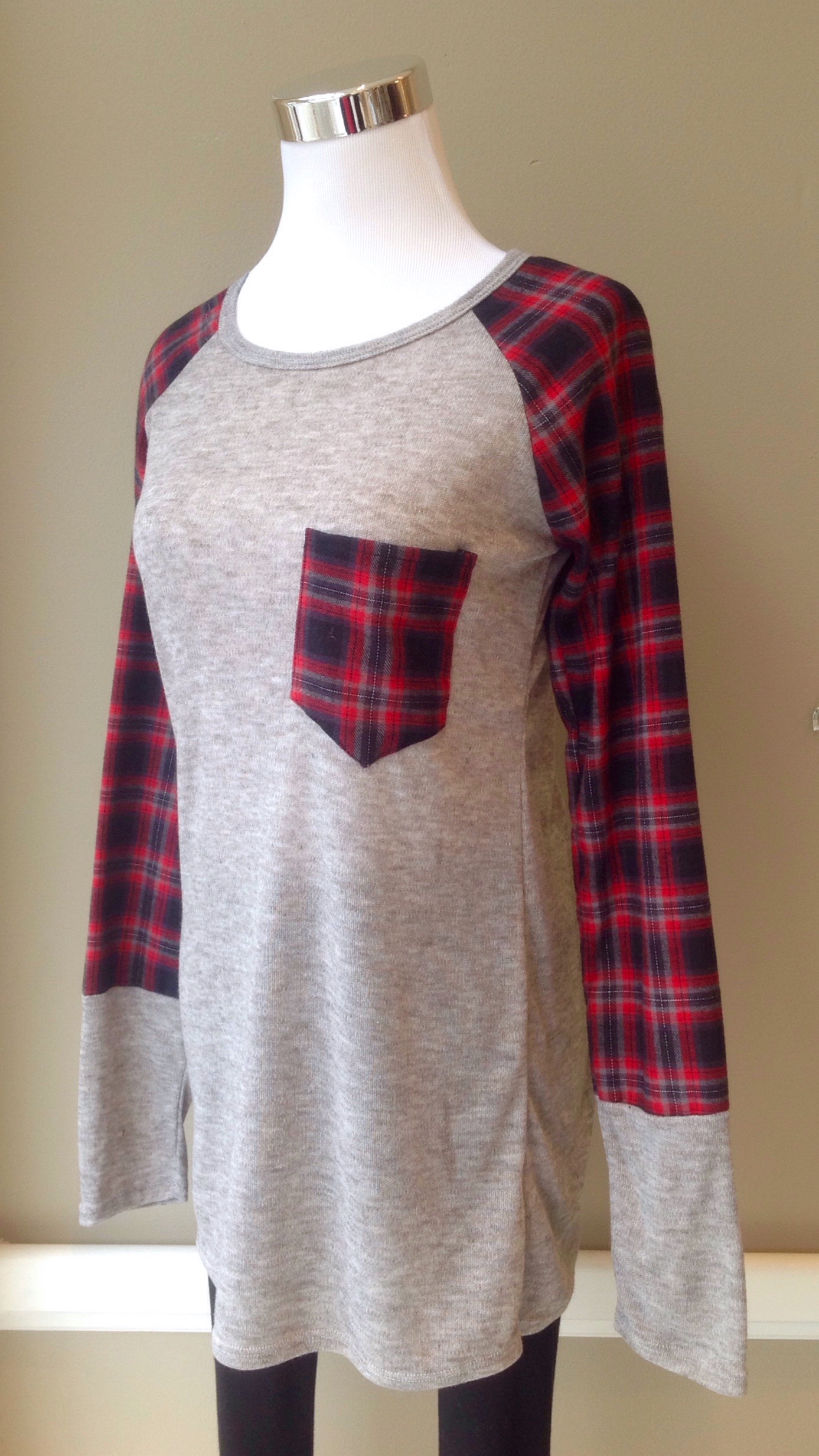Plaid and heather grey knit baseball top, $32