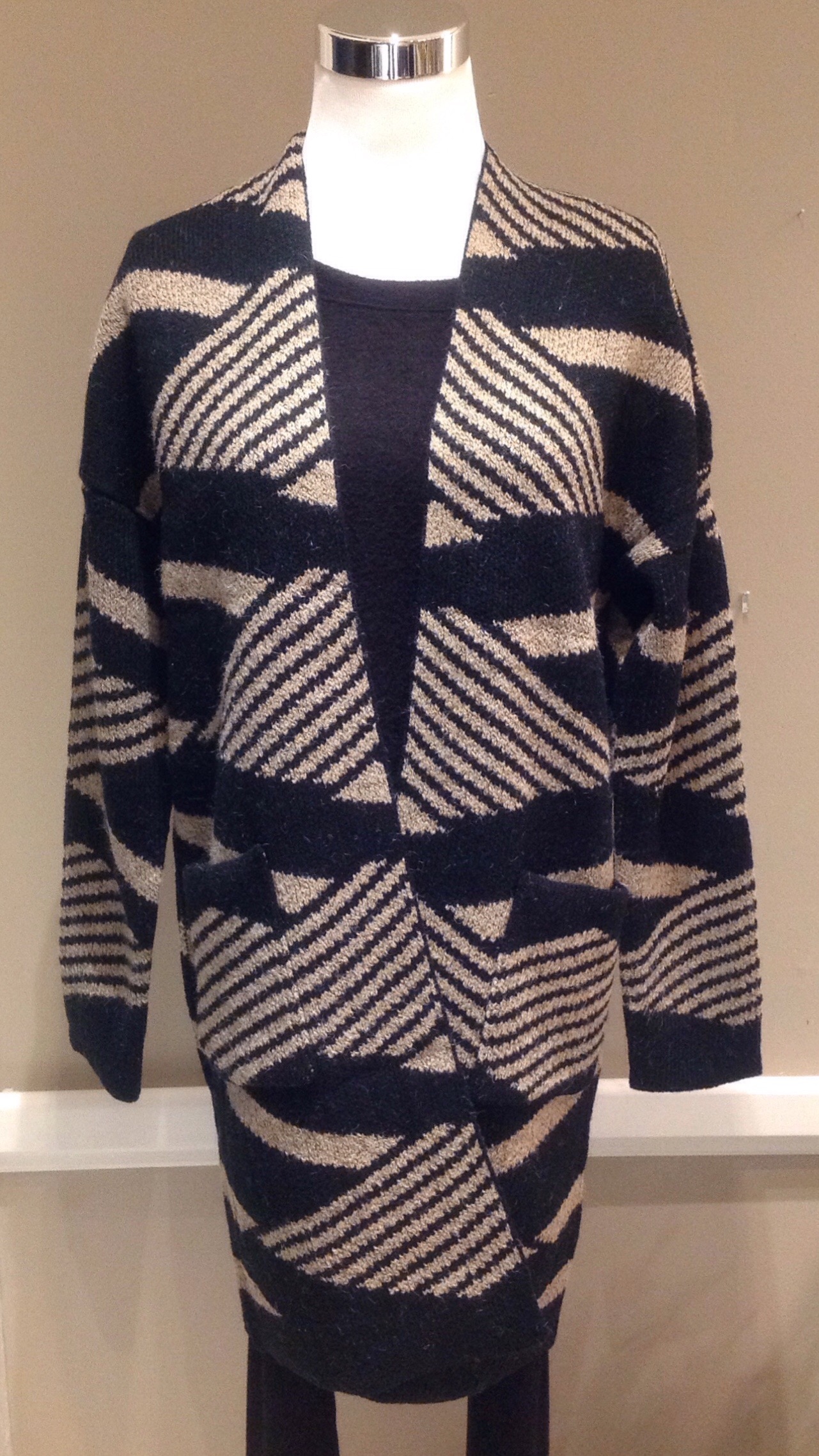 Chunky knit cardigan with patch pockets in black/wheat diamond print, $48