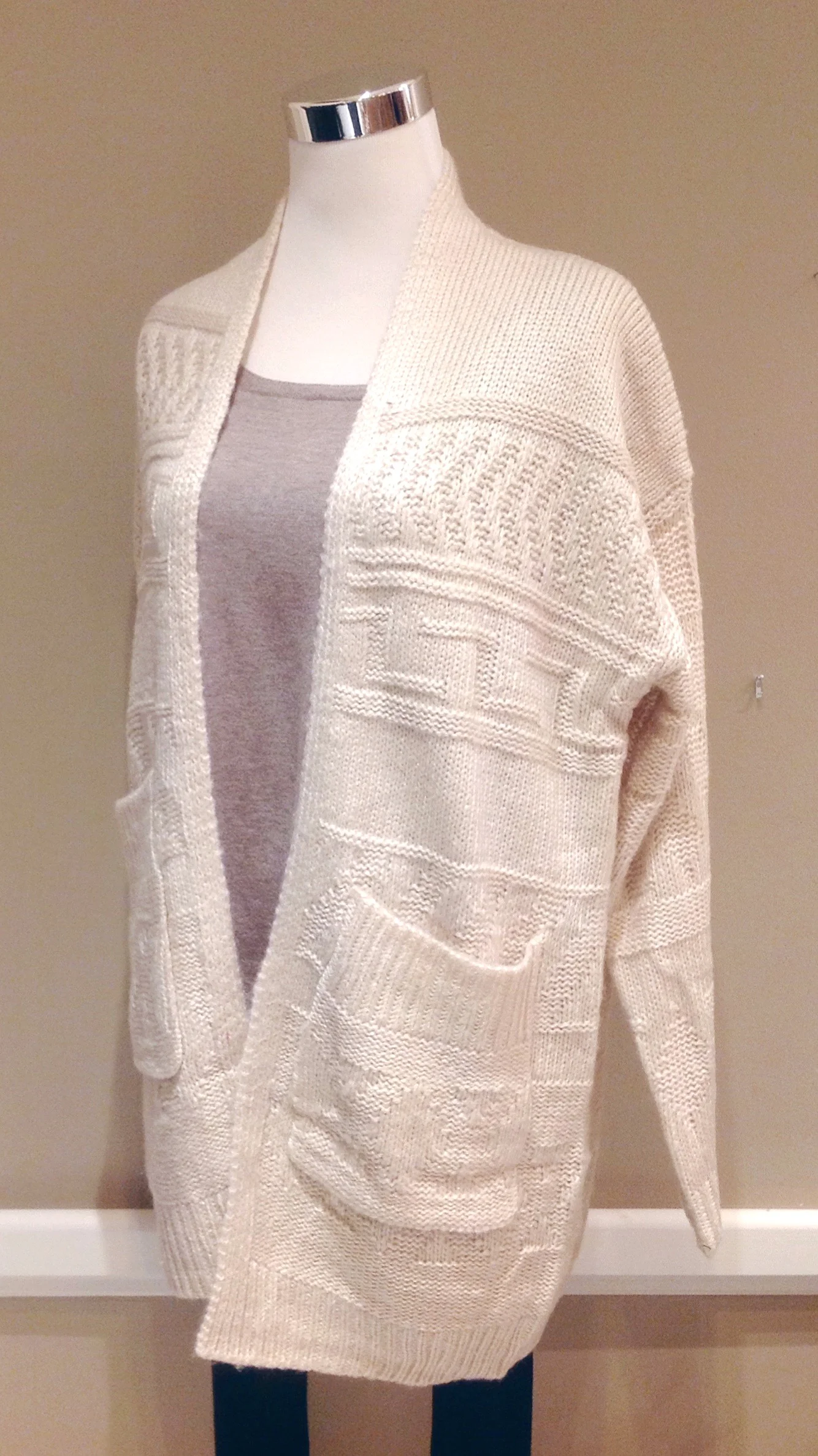 Taupe patterned knit cardigan with patch pockets, $48