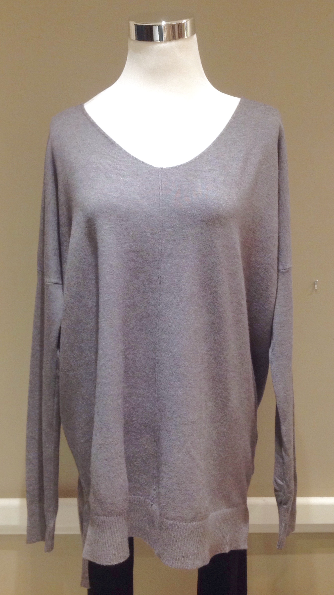 Ultra soft v-neck sweater with high-low hem in charcoal, $40