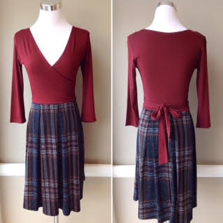 Wrap front knit dress with back tie and 3/4 sleeves in wine/grey plaid, $42