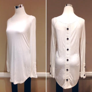 Off-white knit top with back button/lace detail, $38