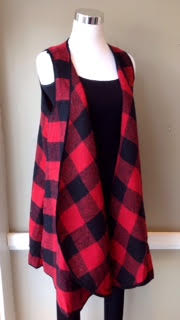 Buffalo check vest with side pockets and black trim, $42