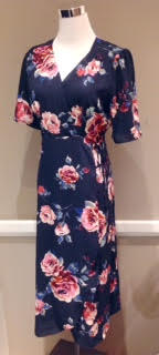 Fully lined, poly chiffon wrap dress in navy floral, $54