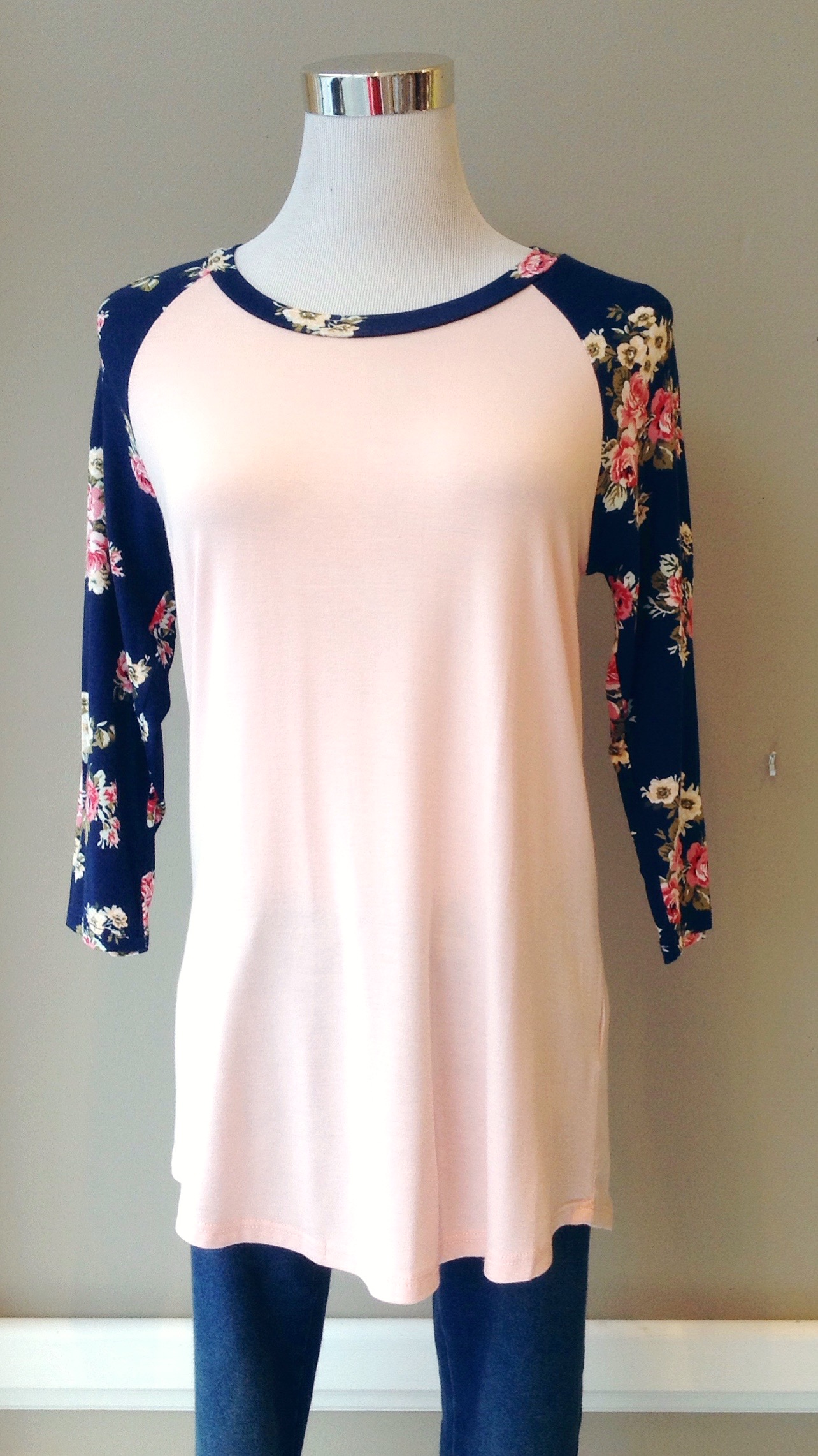 Pink and navy floral baseball top, $28