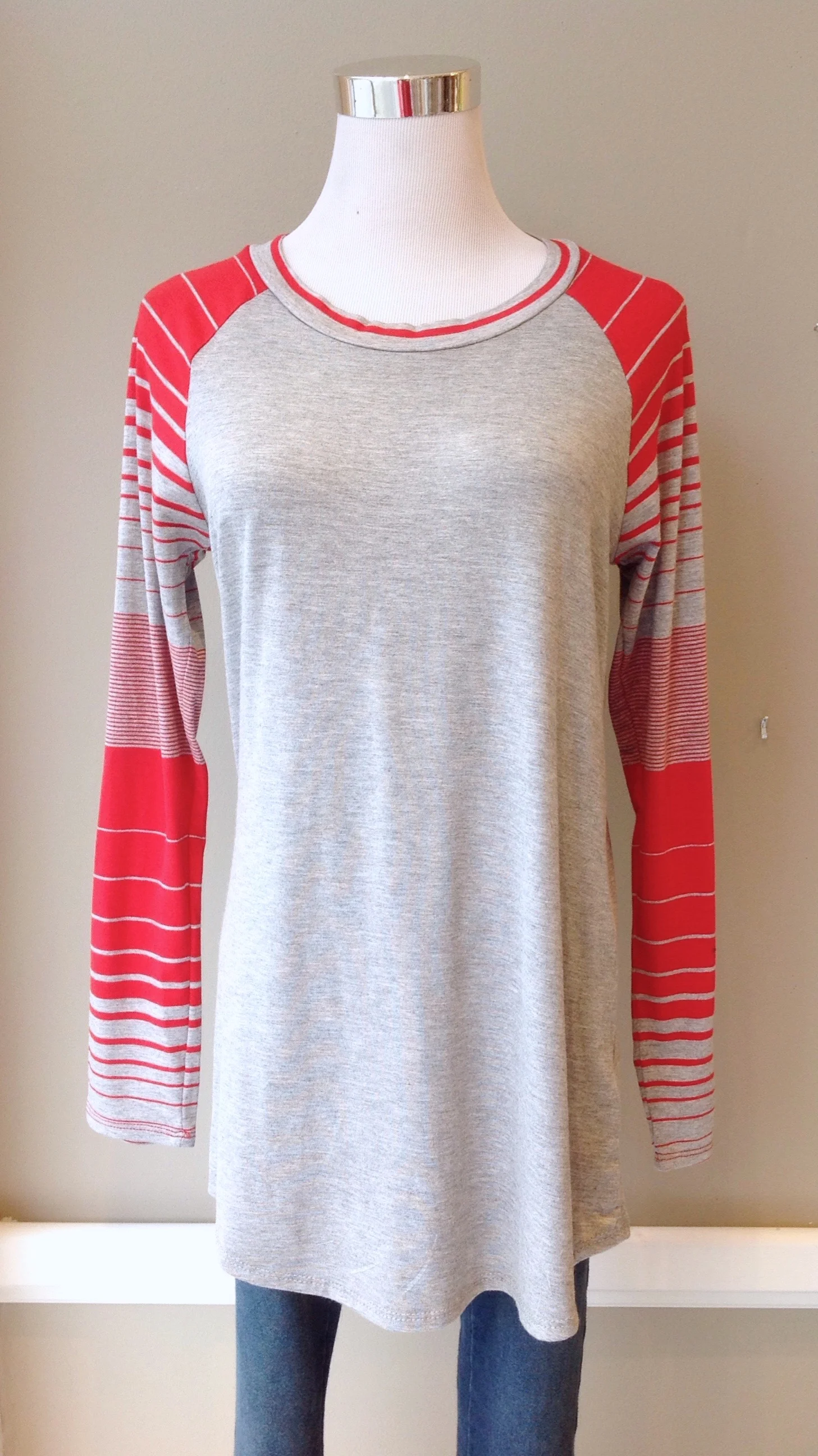 Solid and stripe baseball tunic in heather grey/red, $30