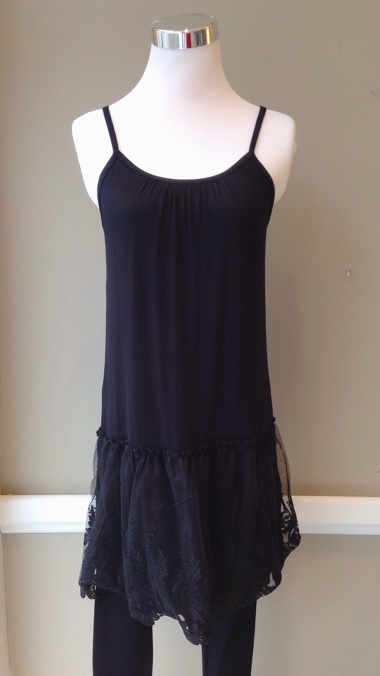 Long black tank with lace peplum, $38