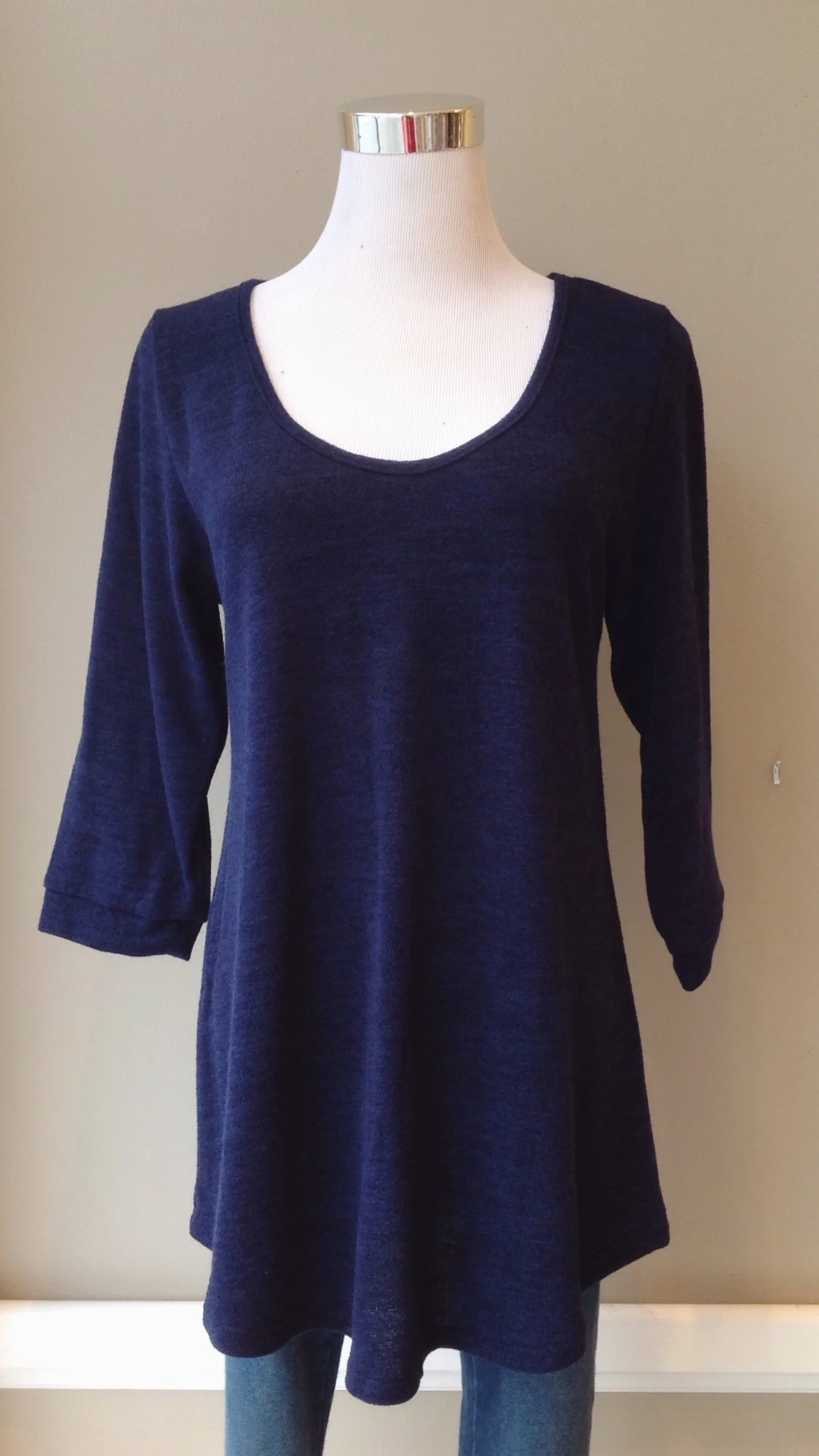 Navy scoop neck sweater with 3/4 sleeves, $30