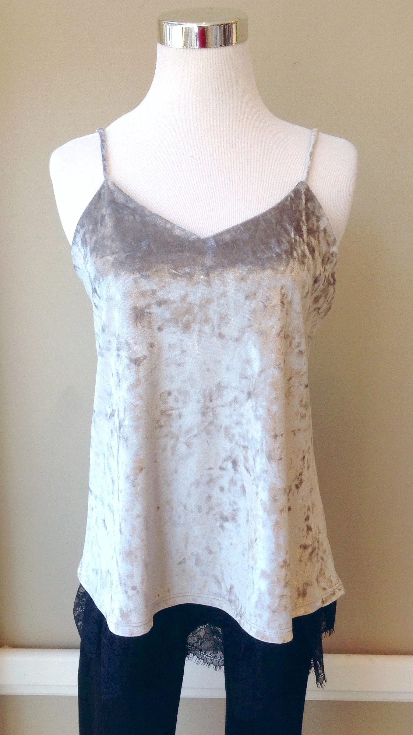 Silver velvet tank with adjustable straps and lace trim, $34