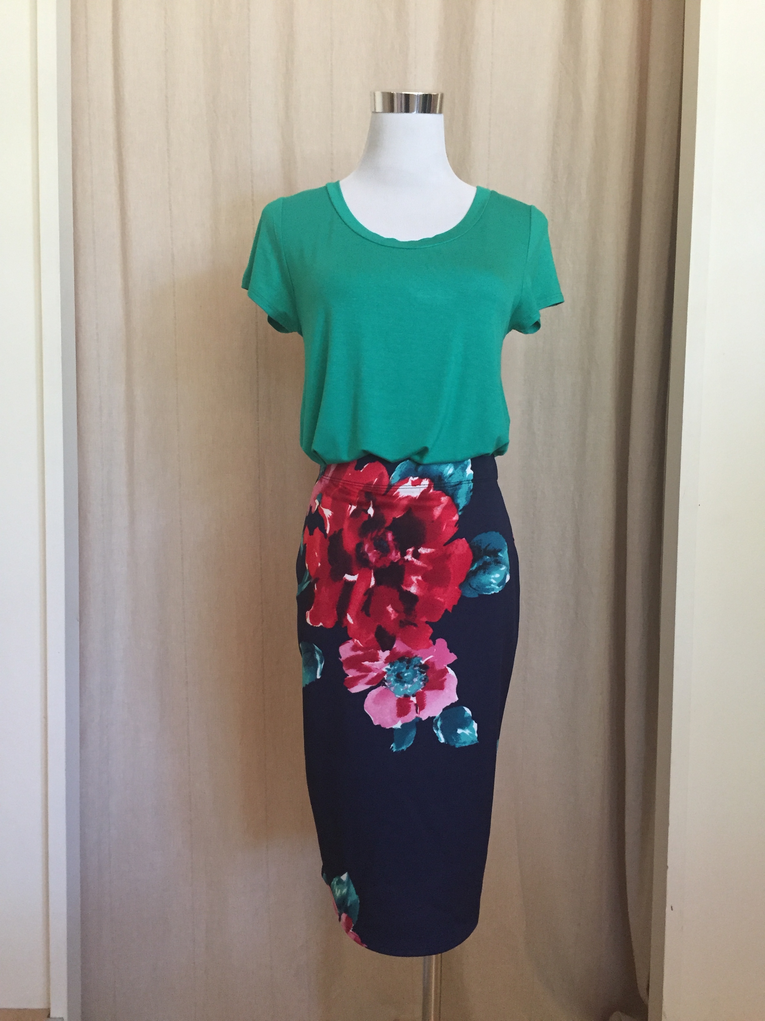  Basic Tee, $24  Pop of Floral Knit Pencil Skirt, $28 