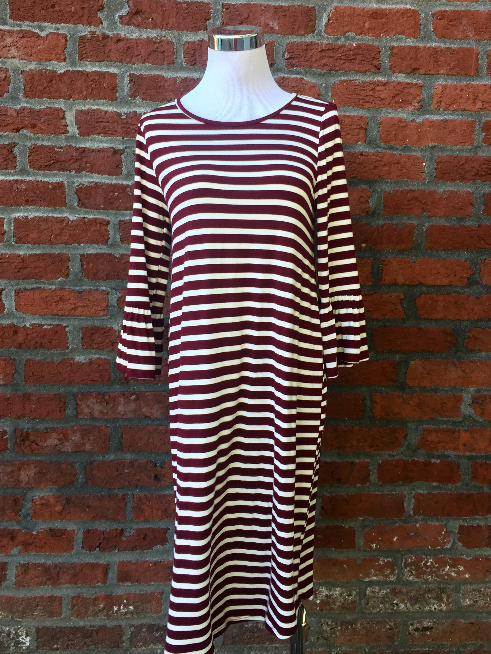Striped Bell Sleeve Dress (Wine and Charcoal, $38)