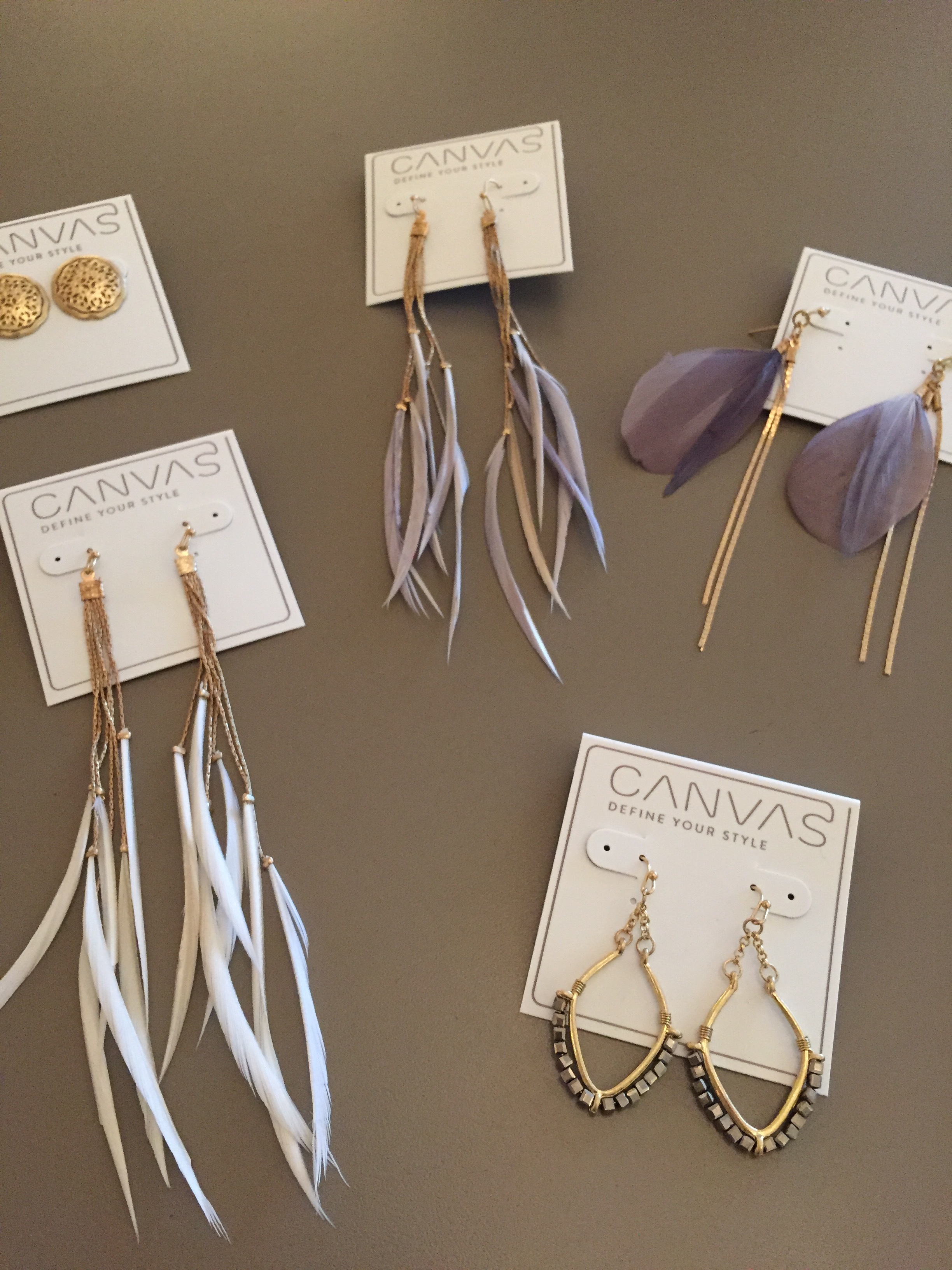 Canvas jewelry in stock (earrings and necklaces at various prices)