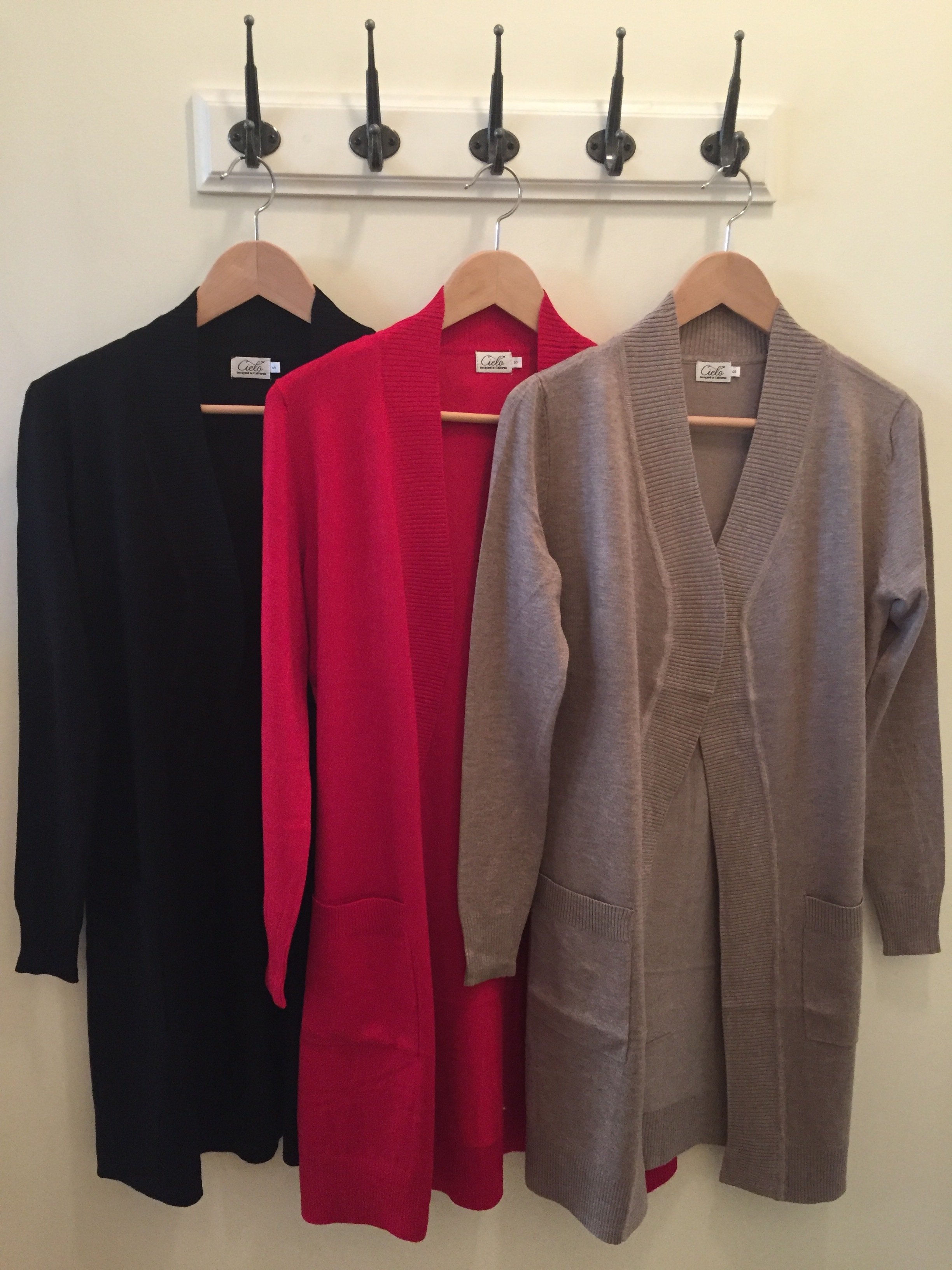 Cielo Long Cardi (Black, Red and Taupe $38)