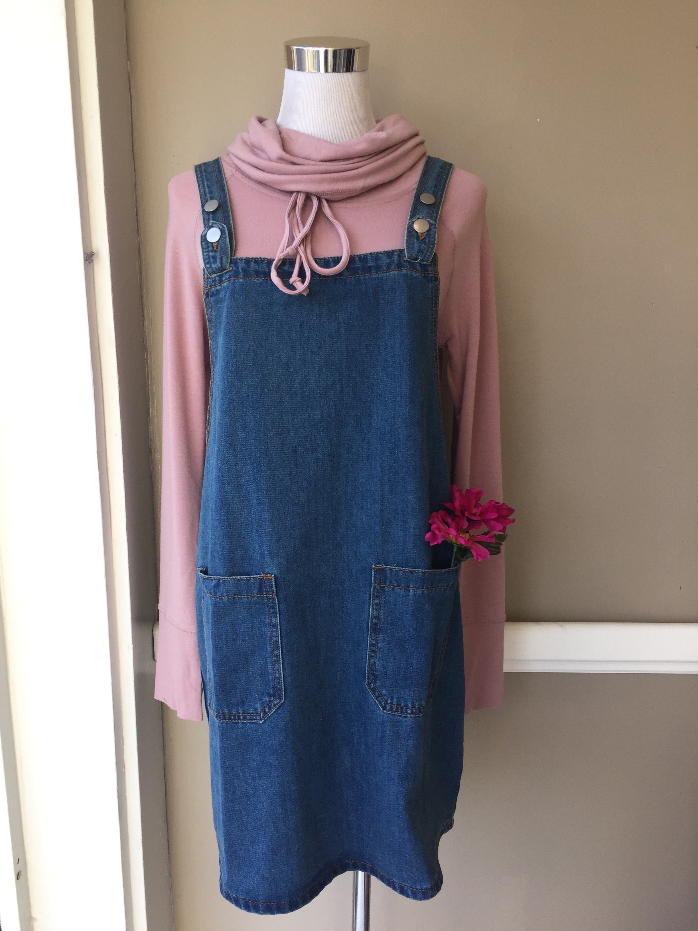 Denim Jumper $45, Staccato Rose Cowl $38